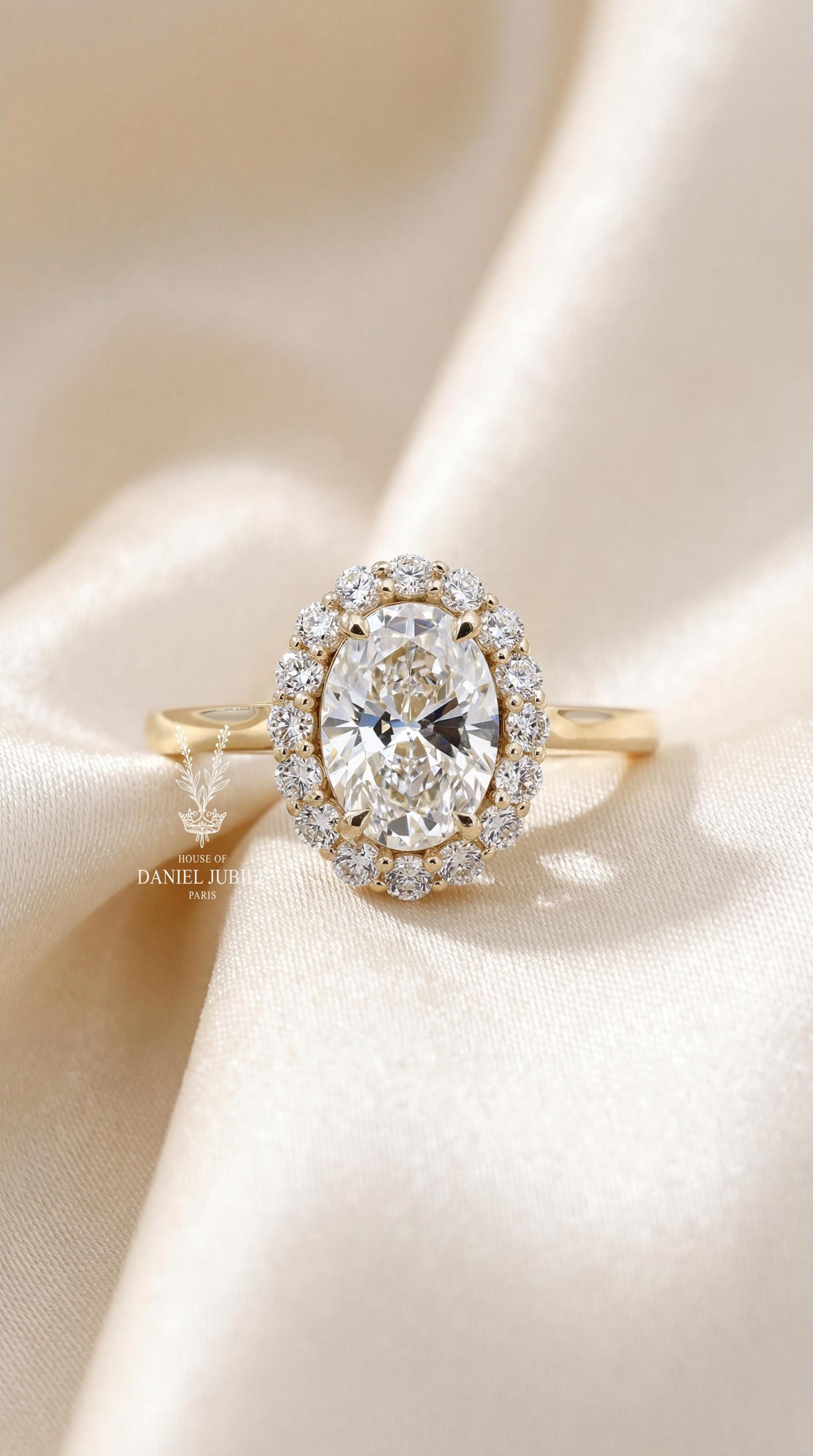 Oval cut Lab Halo Engagement Diamond Ring – 14k Gold Art Deco Wedding Ring