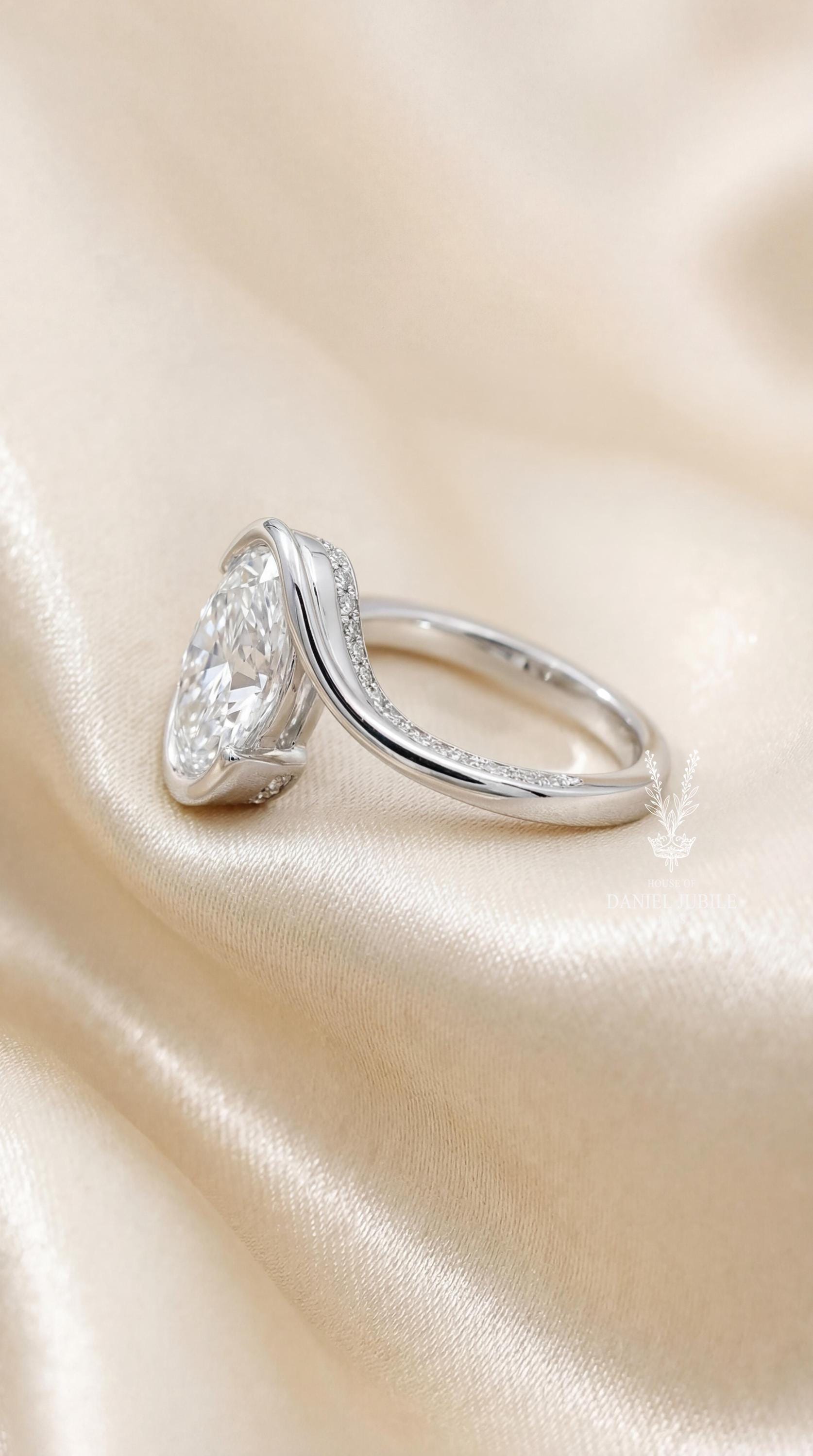 3 Carat Oval cut Lab Halo Engagement Diamond Ring – 14k White Gold Bypass Pavé Band