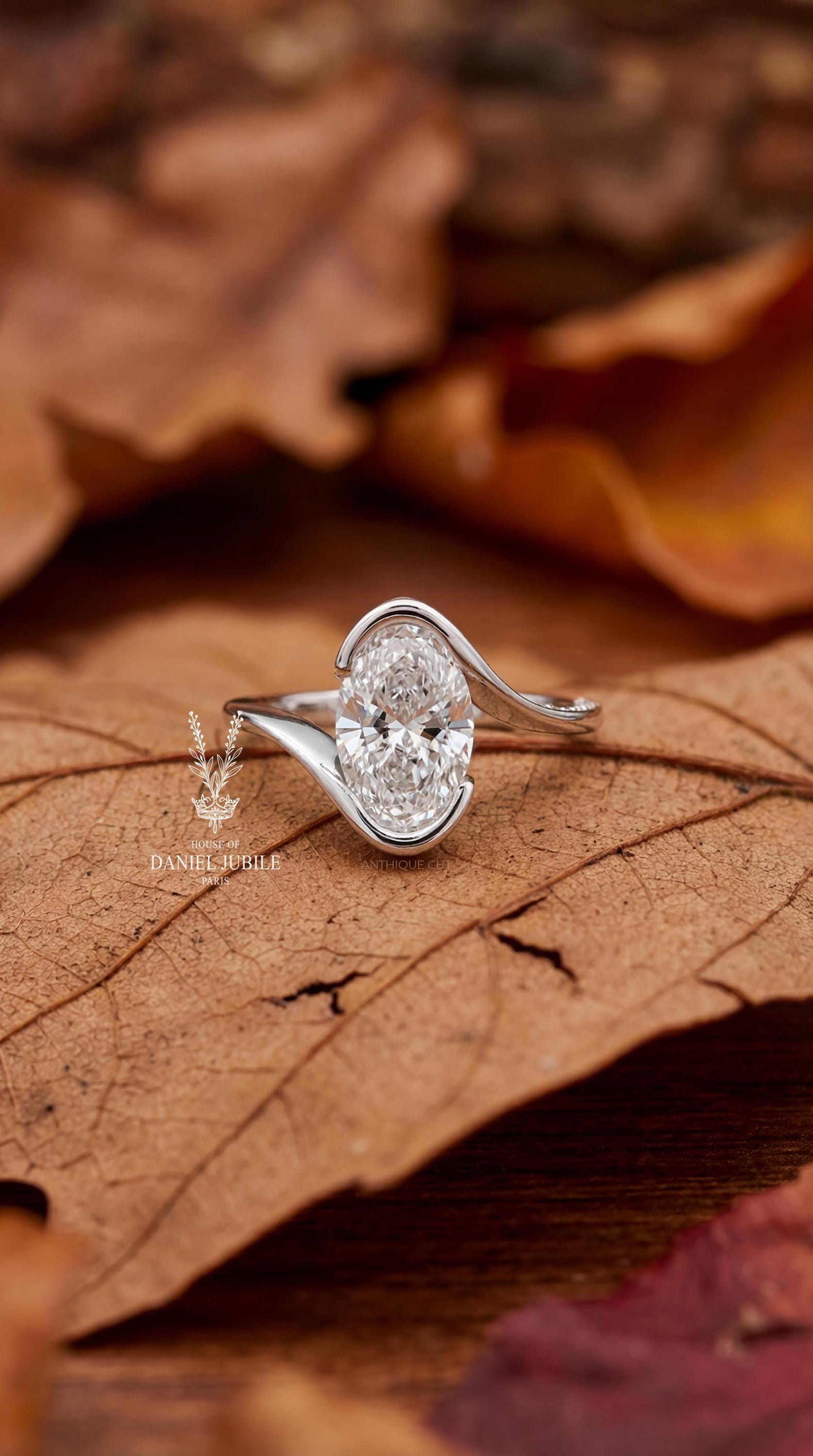 3 Carat Oval cut Lab Halo Engagement Diamond Ring – 14k White Gold Bypass Pavé Band