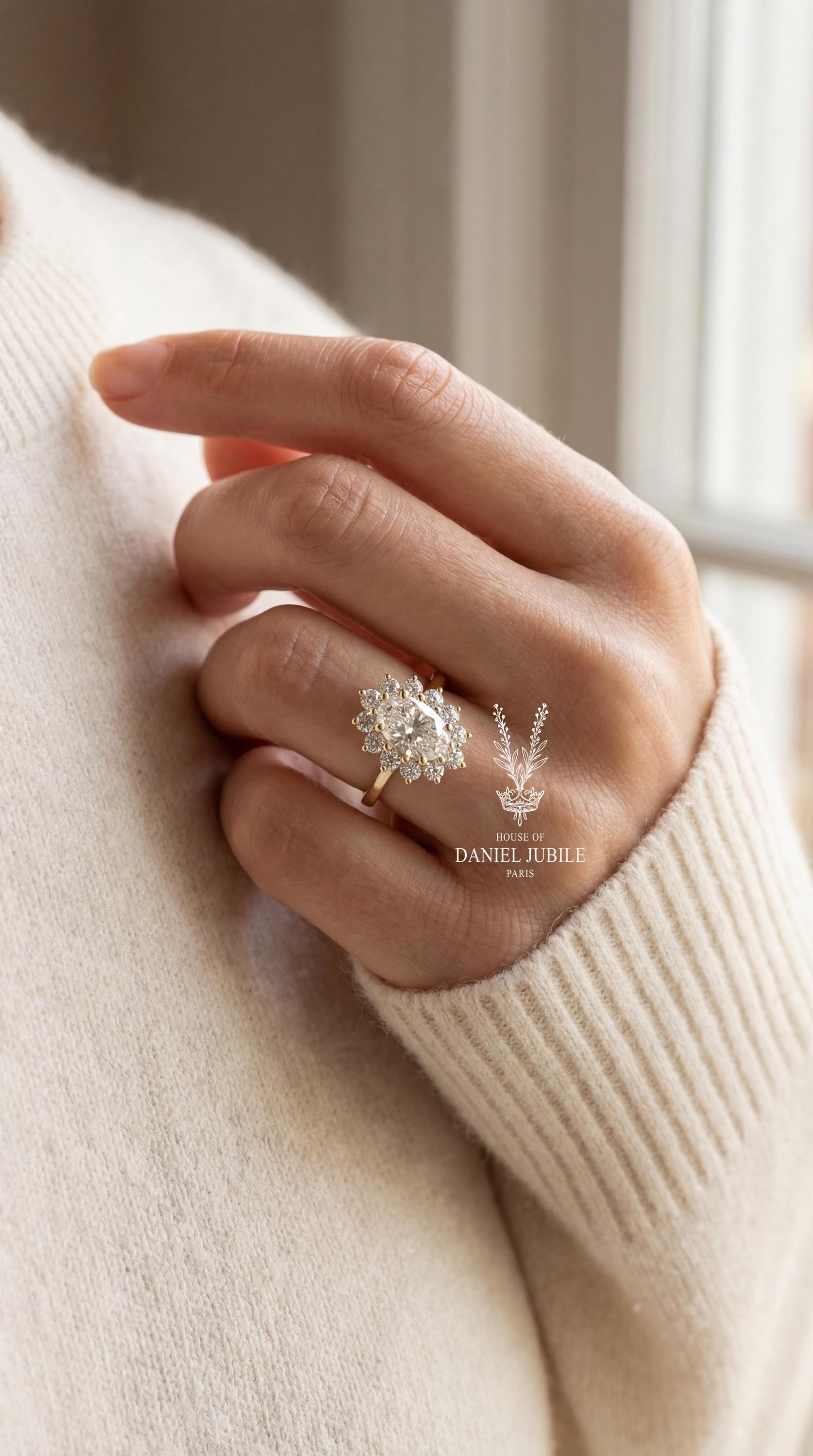 4Carat Oval Lab Starburst Halo Engagement Diamond Ring – Vintage Gold Sunflower Wedding Ring