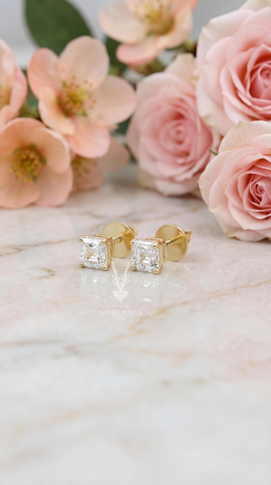 Asscher Cut Lab Diamond Stud Earrings – Art Deco Gold Solitaire