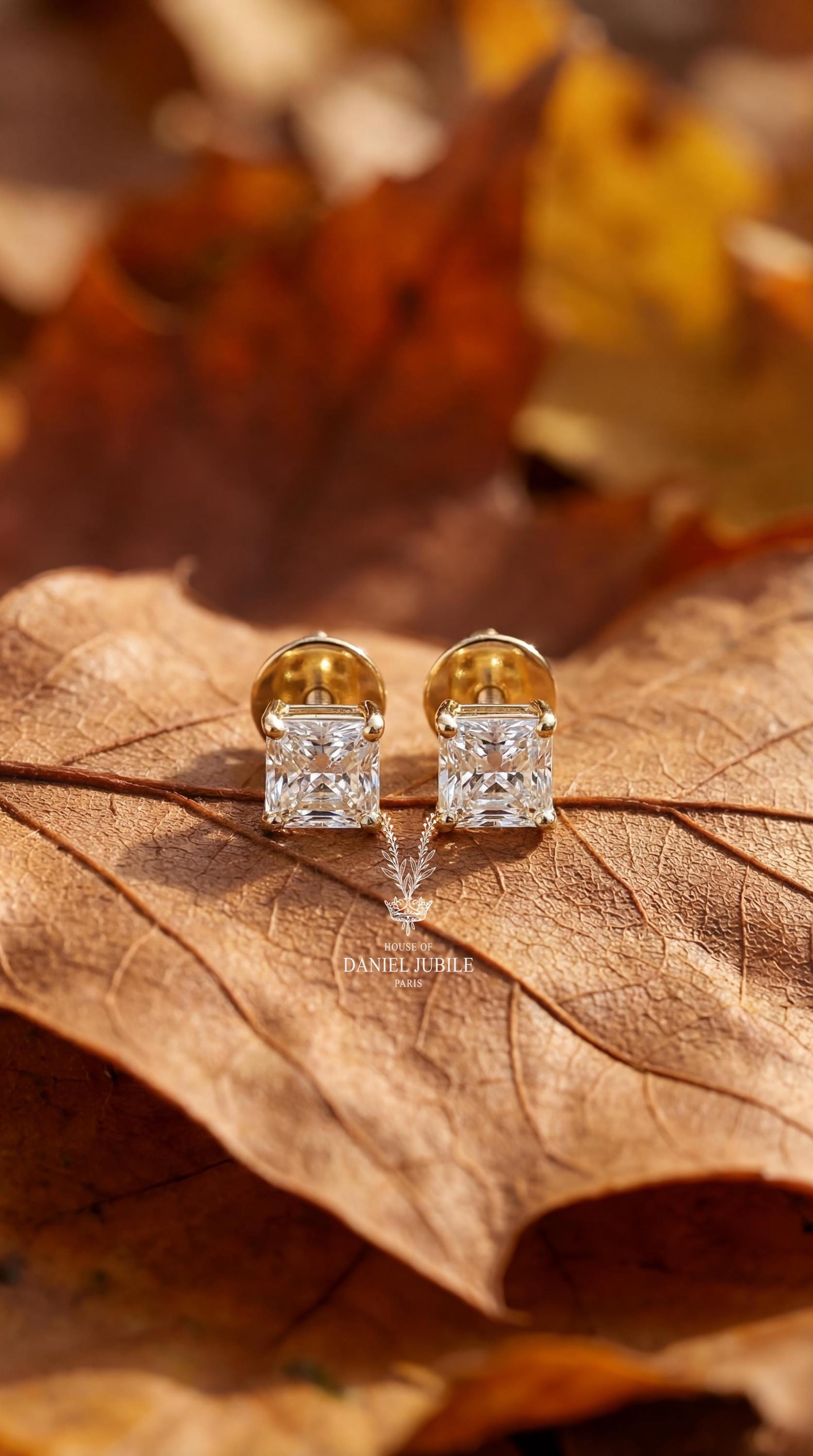 Asscher Cut Lab Diamond Stud Earrings – Art Deco Gold Solitaire