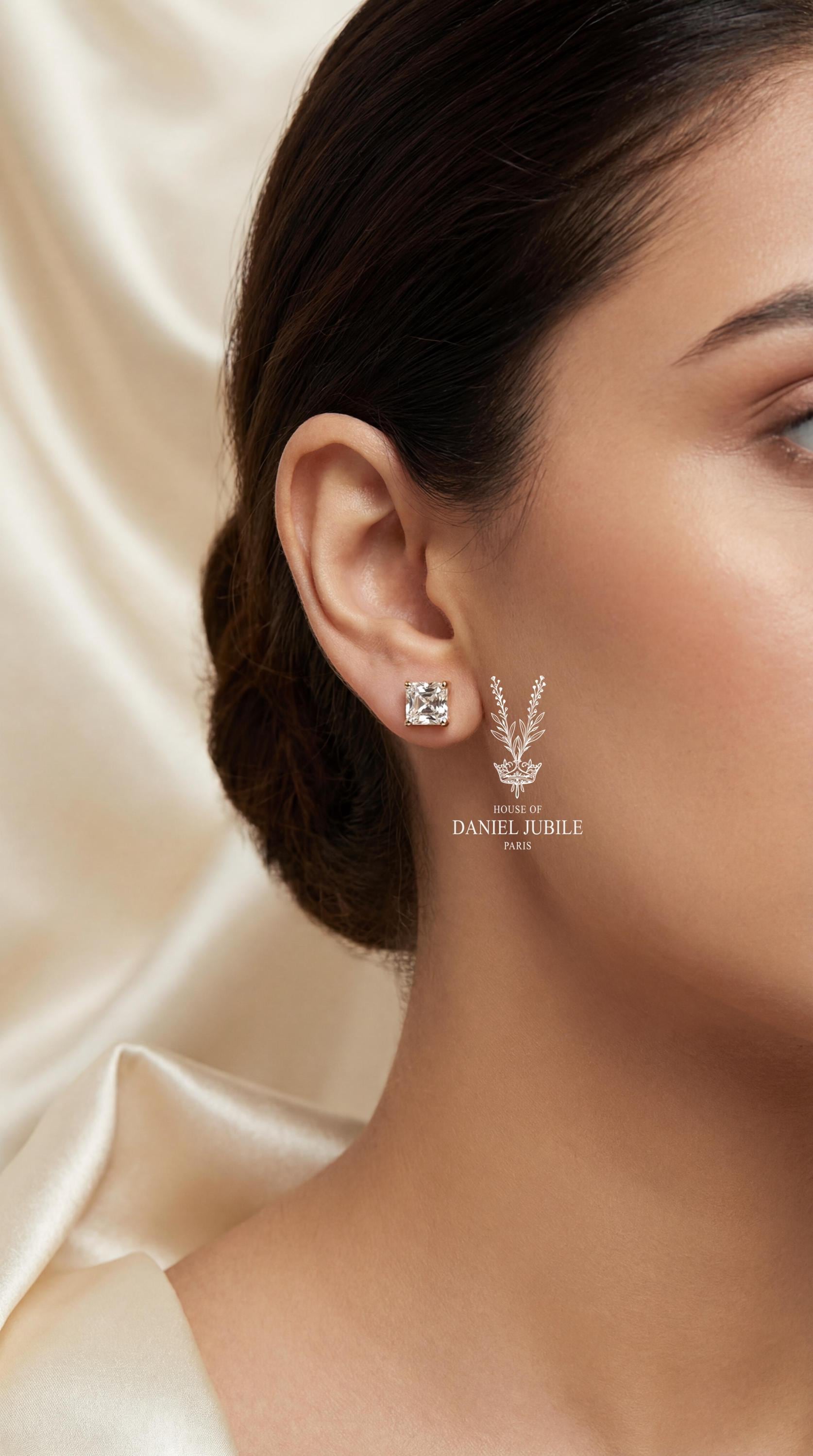 Asscher Cut Lab Diamond Stud Earrings – Art Deco Gold Solitaire