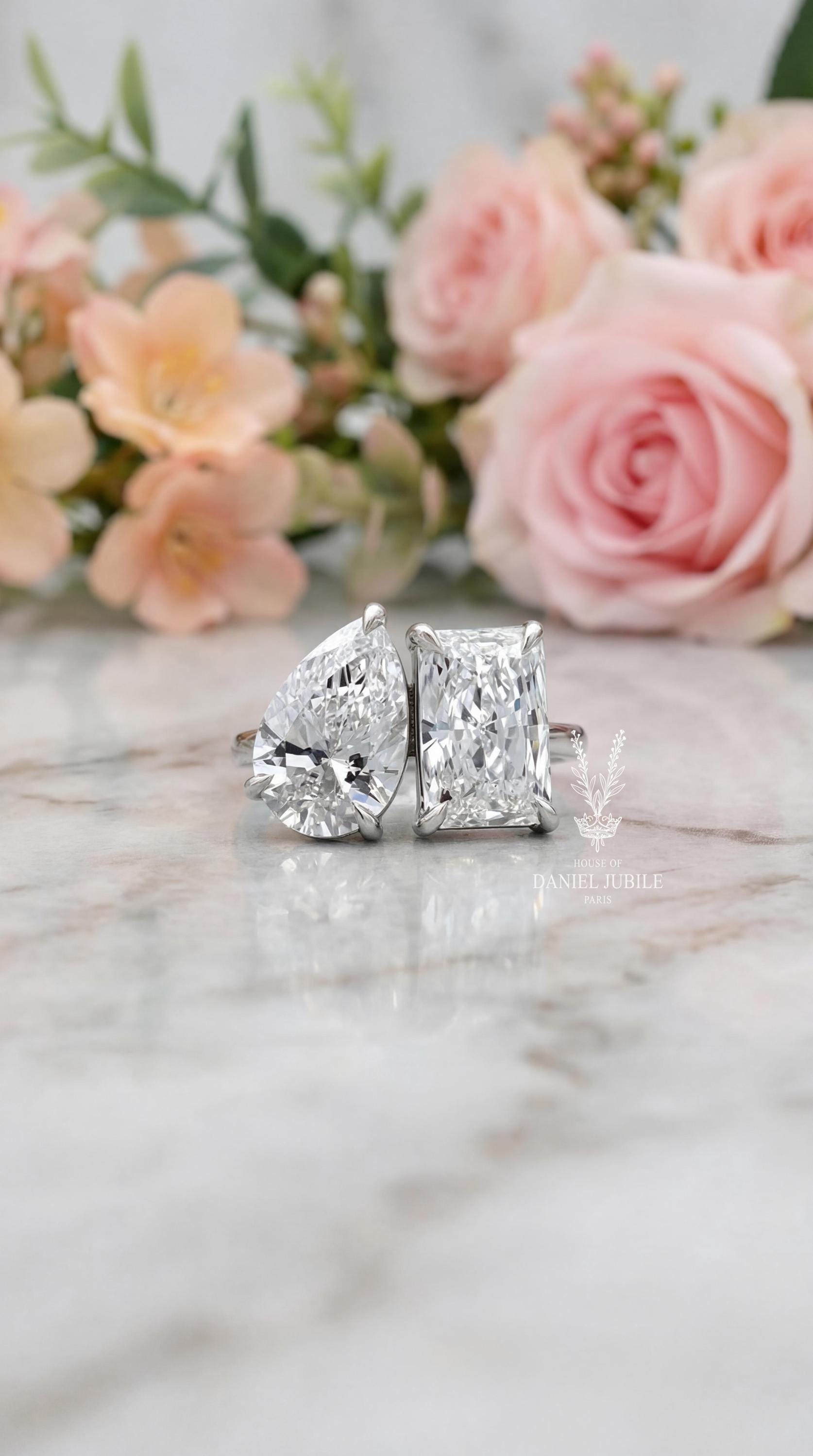 6Carat Lab Grown Diamond Toi et Moi Ring, Pear & Radiant Cut, 14k White Gold