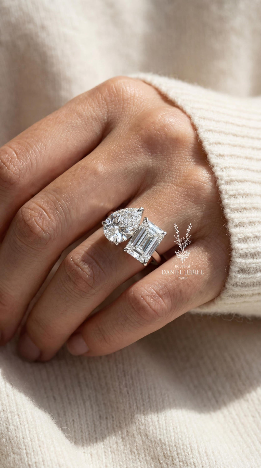 6Carat Lab Grown Diamond Toi et Moi Ring, Pear & Radiant Cut, 14k White Gold