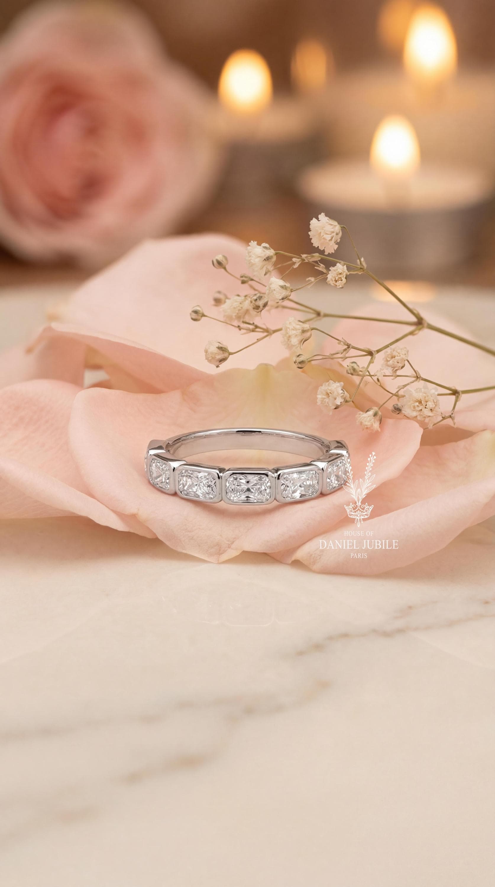 2.10ctw Lab Diamond Wedding Band – 14k Gold Half Bezel Anniversary Ring