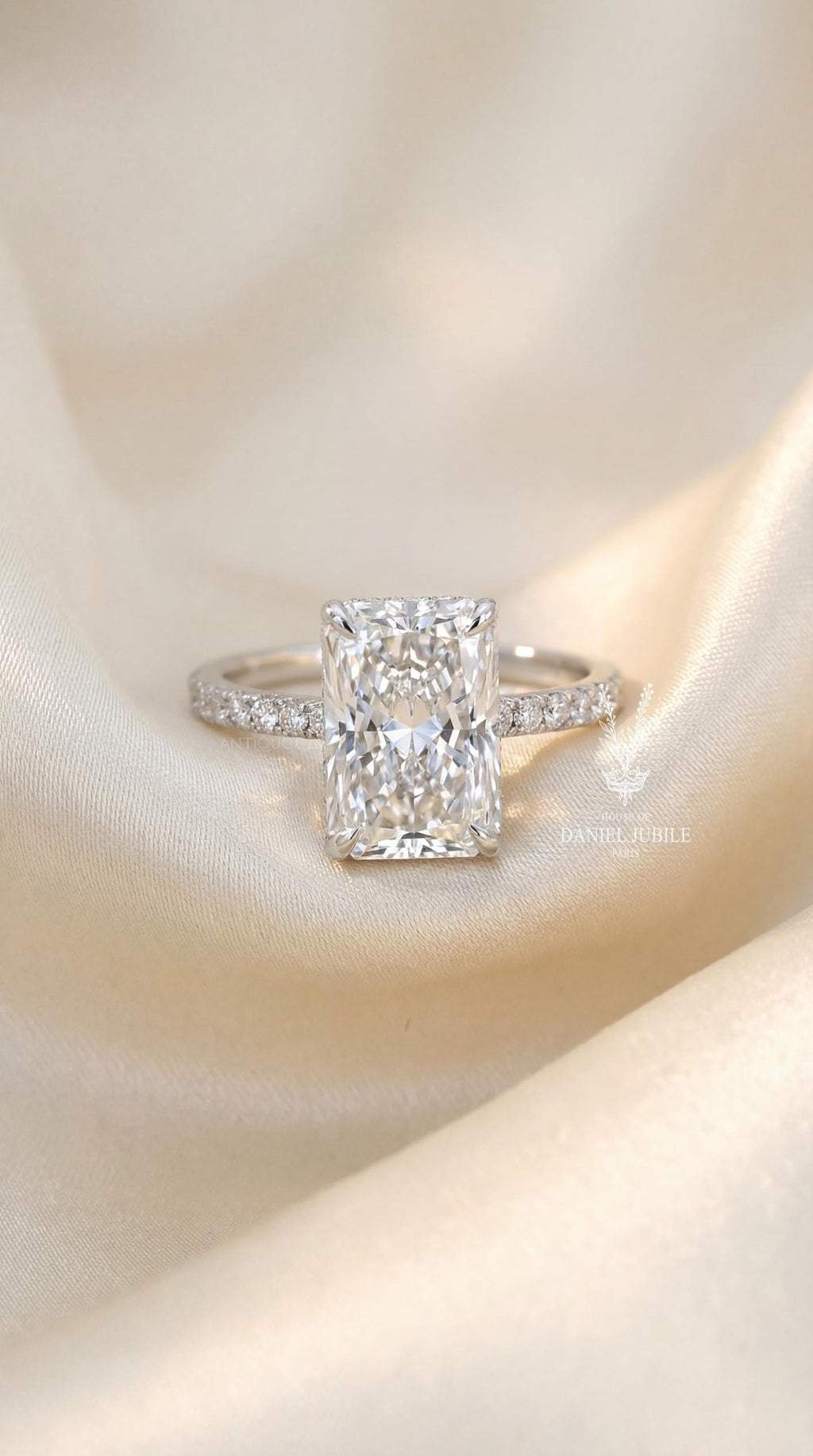 4Carat Radiant Cut Lab Engagement Diamond Ring – 14k White Gold Hidden Halo Pavé Band