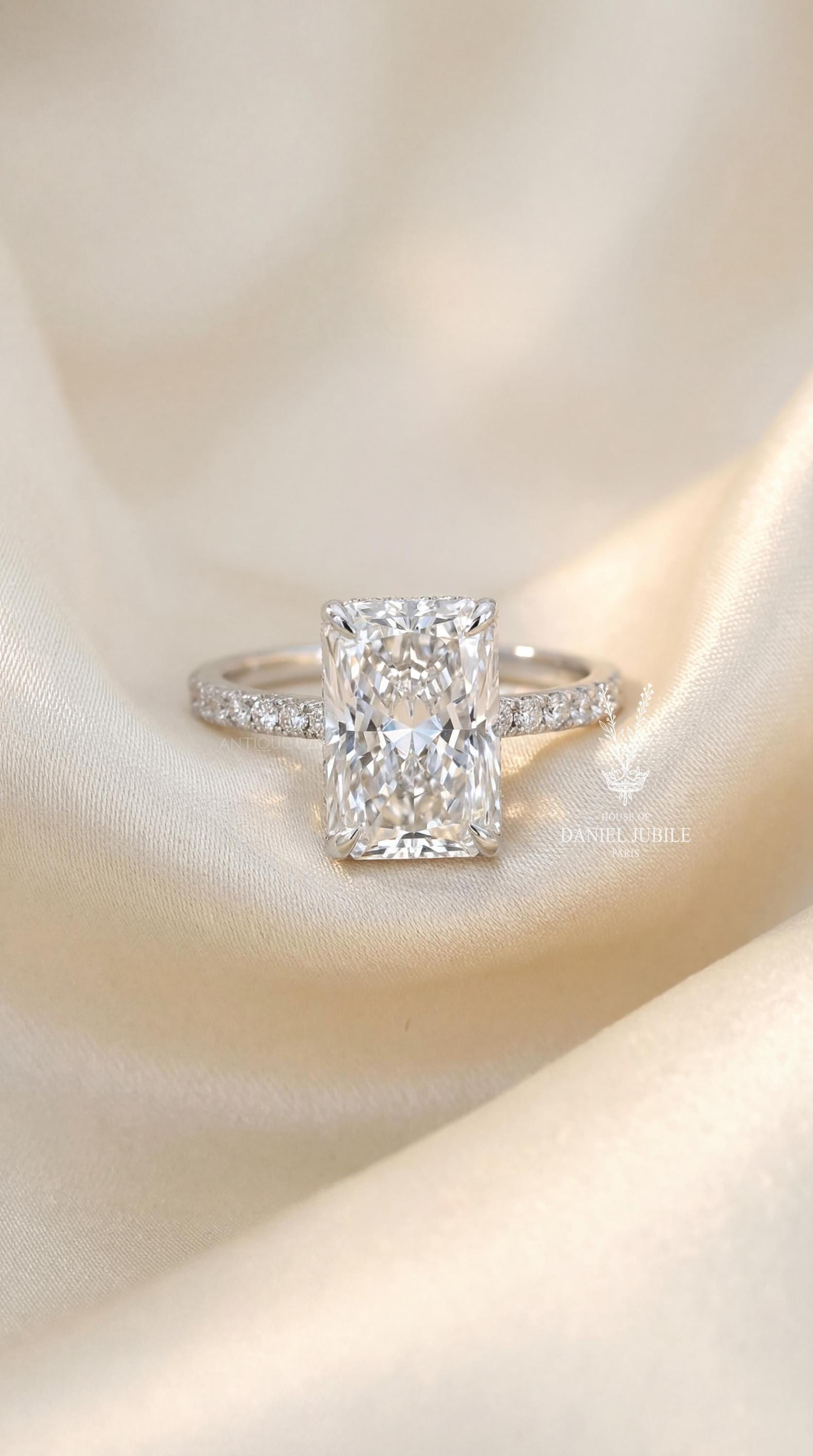 4Carat Radiant Cut Lab Engagement Diamond Ring – 14k White Gold Hidden Halo Pavé Band