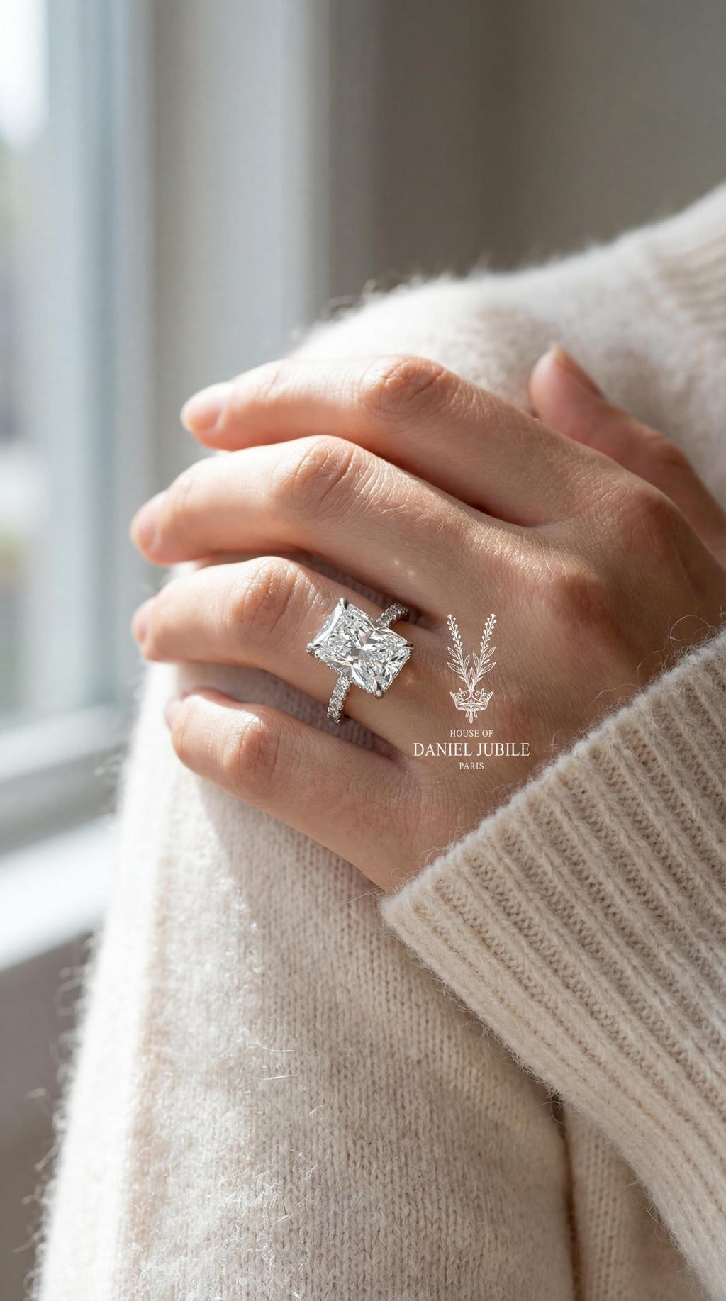 4Carat Radiant Cut Lab Engagement Diamond Ring – 14k White Gold Hidden Halo Pavé Band