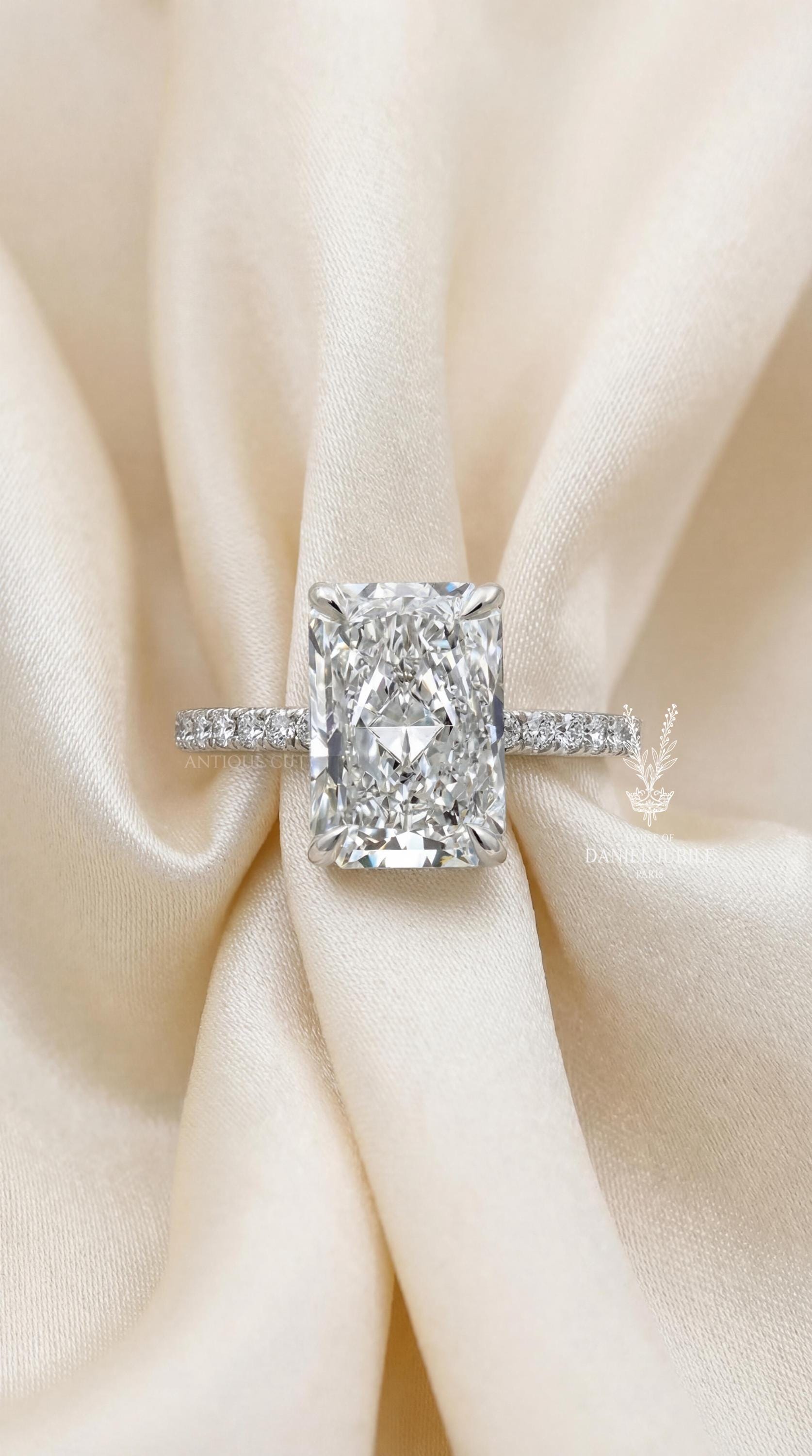 4Carat Radiant Cut Lab Engagement Diamond Ring – 14k White Gold Hidden Halo Pavé Band