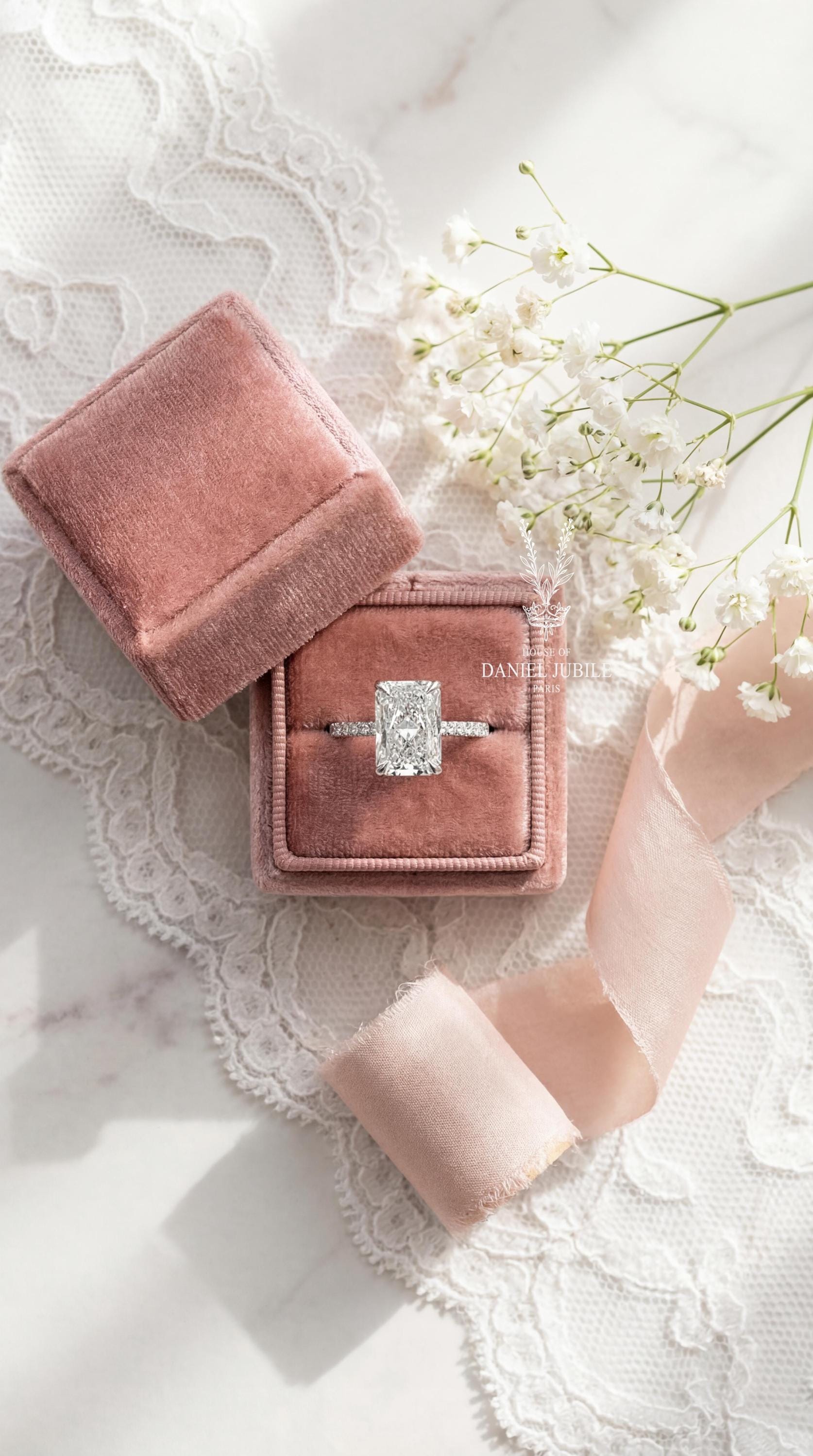 4Carat Radiant Cut Lab Engagement Diamond Ring – 14k White Gold Hidden Halo Pavé Band