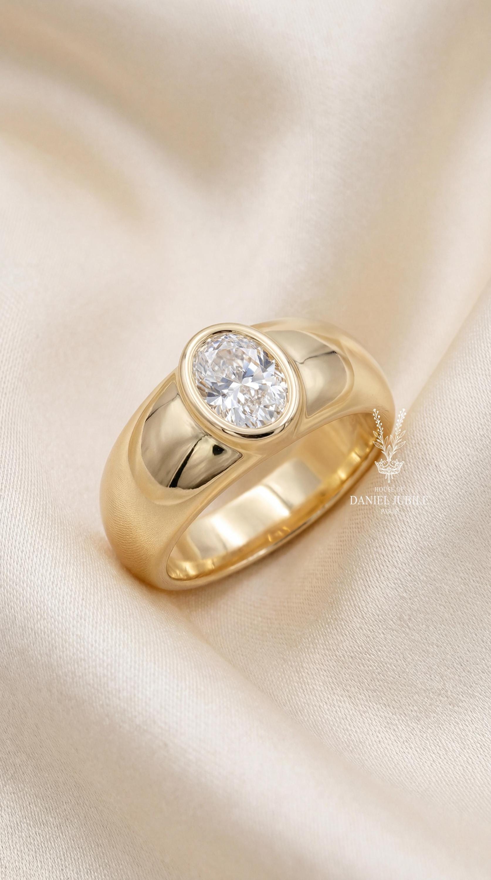 2Carat Oval Cut Lab Diamond Bezel Set Cigar Band Ring in 14k Gold, Chunky Gypsy Style Statement Ring For Her, Valentines Gift