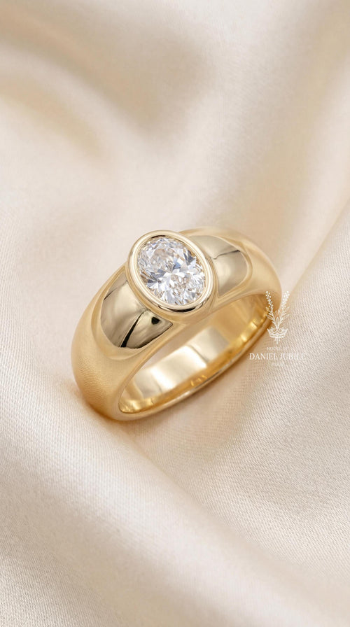 2Carat Oval Cut Lab Diamond Bezel Set Cigar Band Ring in 14k Gold, Chunky Gypsy Style Statement Ring For Her, Valentines Gift