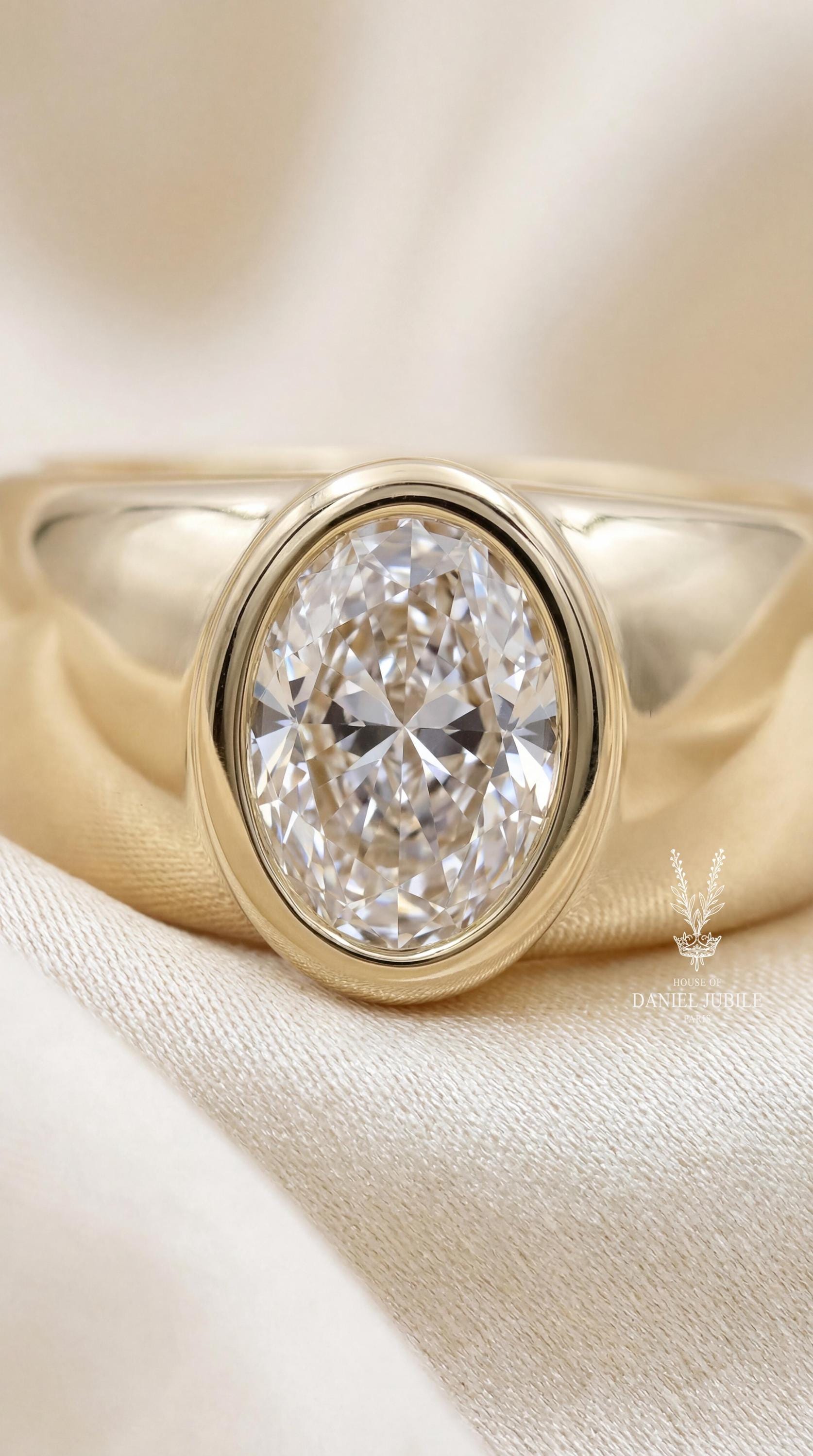 2Carat Oval Cut Lab Diamond Bezel Set Cigar Band Ring in 14k Gold, Chunky Gypsy Style Statement Ring For Her, Valentines Gift