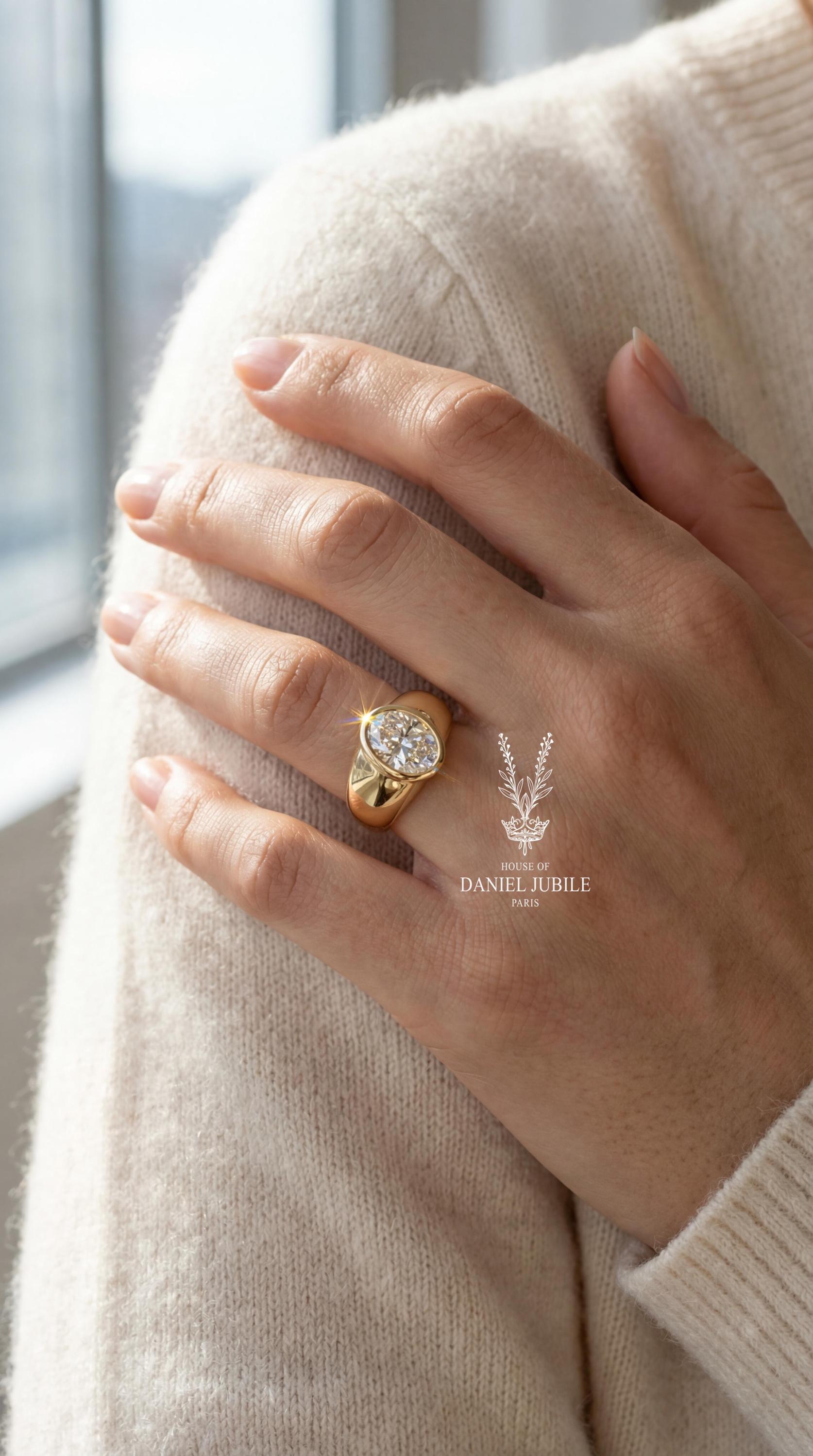 2Carat Oval Cut Lab Diamond Bezel Set Cigar Band Ring in 14k Gold, Chunky Gypsy Style Statement Ring For Her, Valentines Gift
