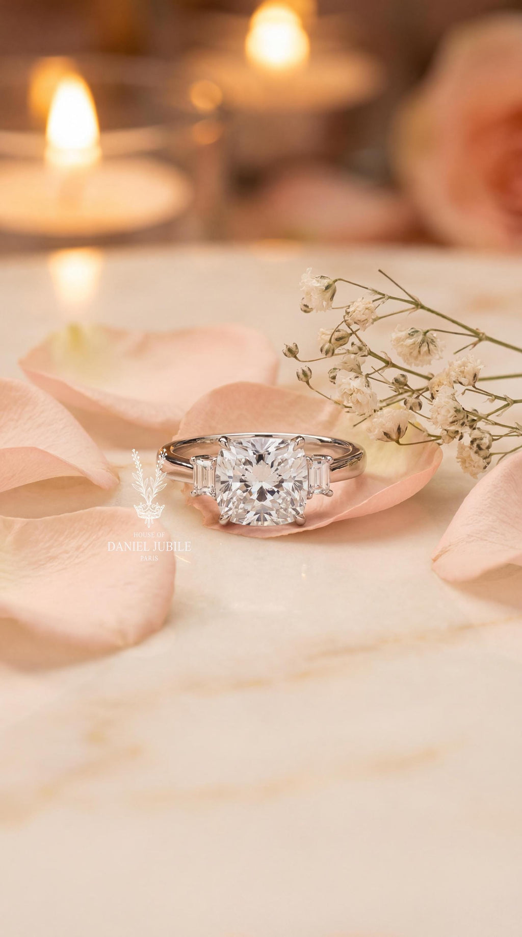 3Carat Cushion Cut Lab Diamond Engagement Ring – Three Stone 14k Gold