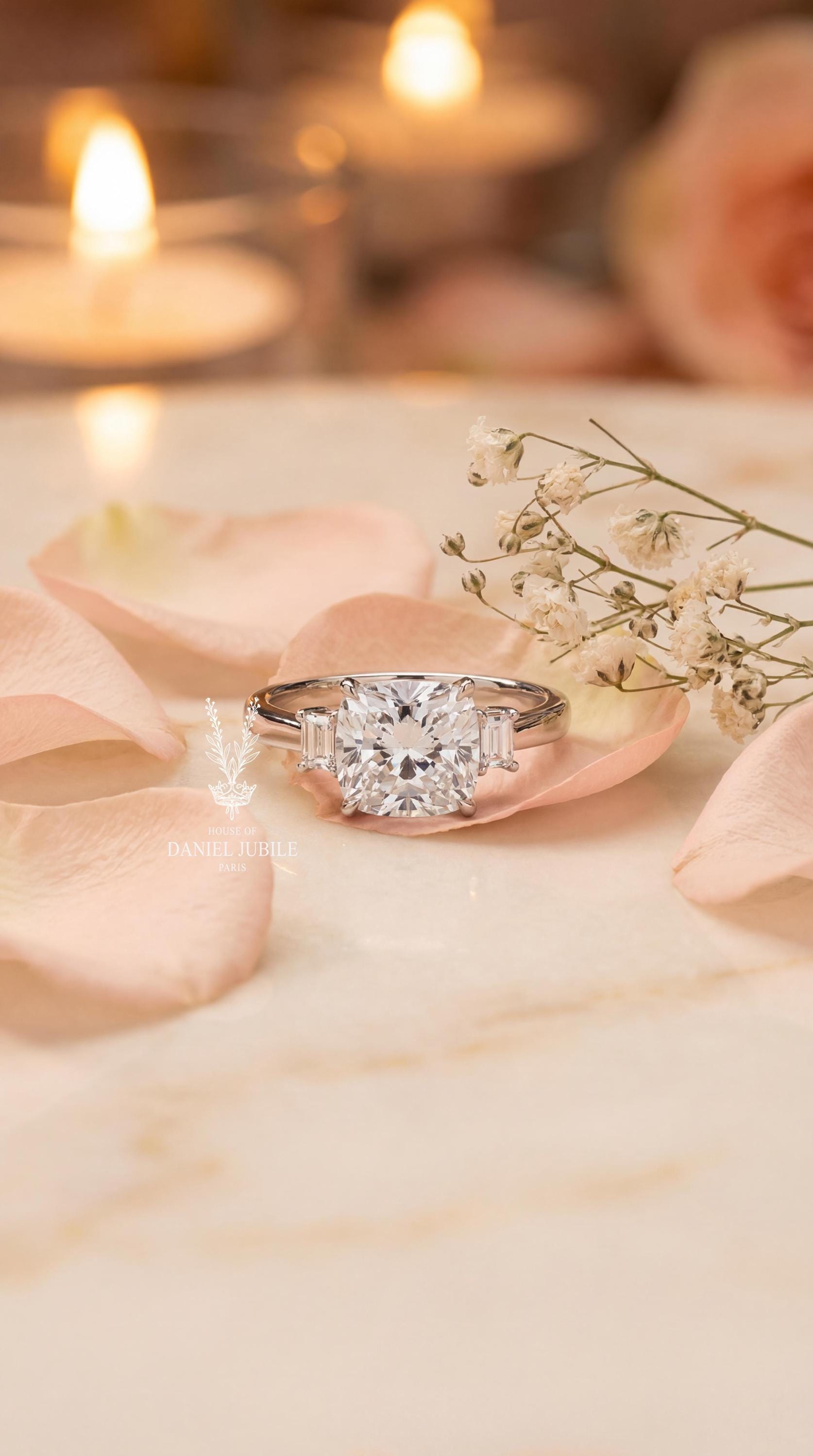 3Carat Cushion Cut Lab Diamond Engagement Ring – Three Stone 14k Gold