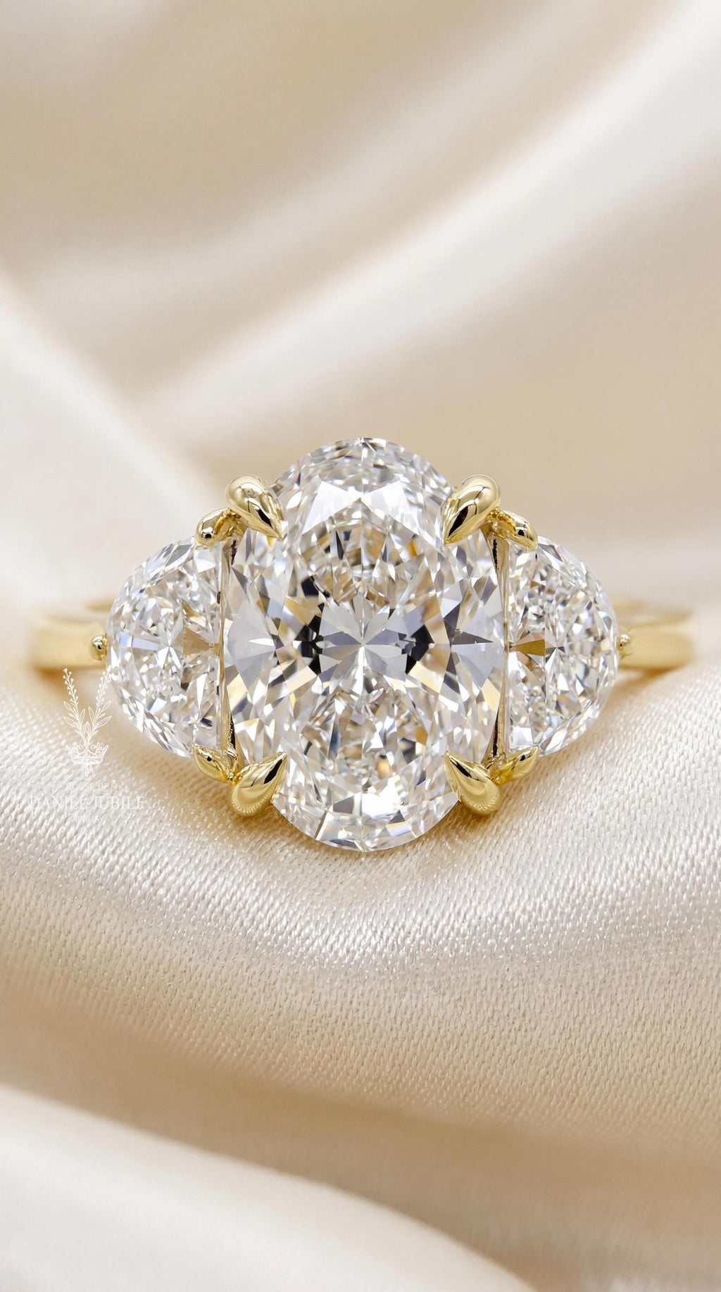 3.80 Carat Oval Lab Grown Diamond Engagement Ring, Half Moon Side Stones, 14k White Gold