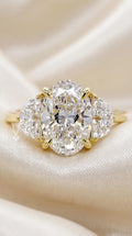3.80 Carat Oval Lab Grown Diamond Engagement Ring, Half Moon Side Stones, 14k White Gold