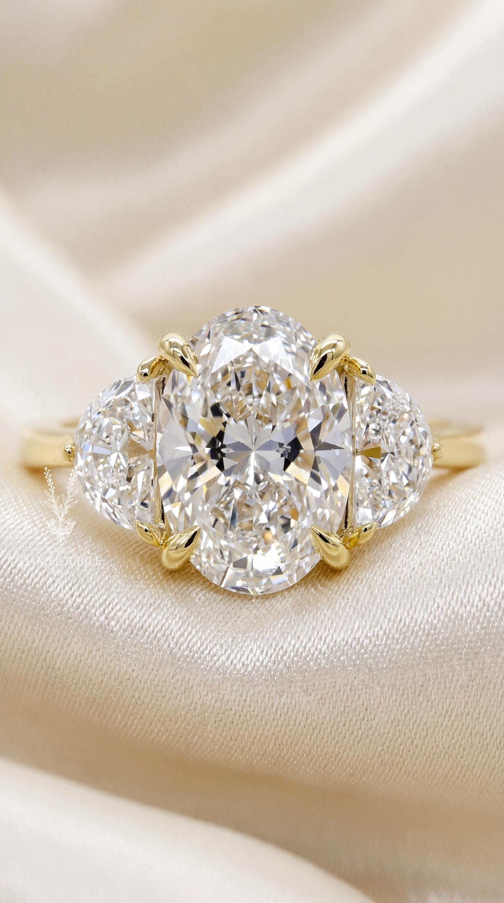 3.80 Carat Oval Lab Grown Diamond Engagement Ring, Half Moon Side Stones, 14k White Gold