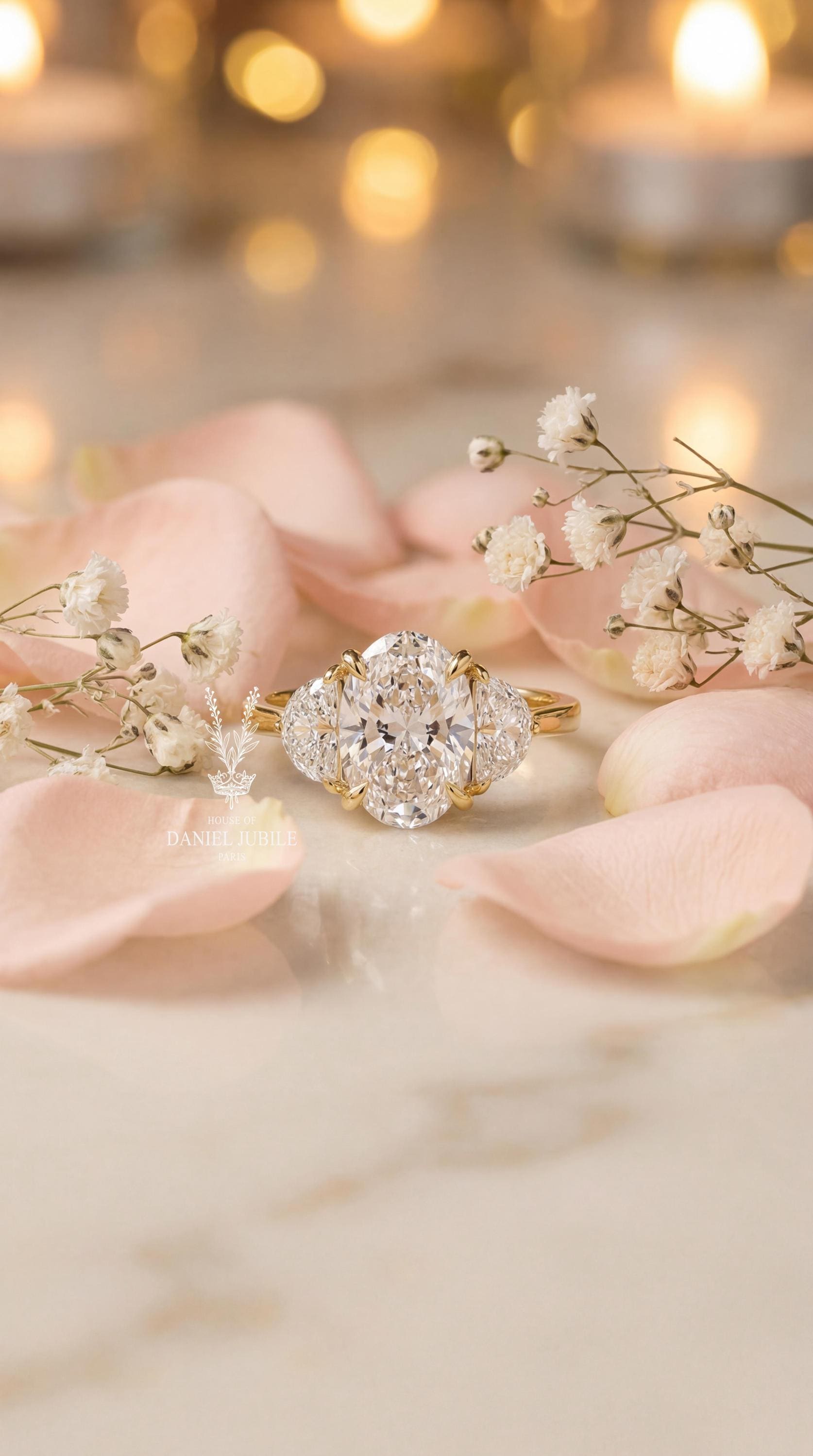 3.80 Carat Oval Lab Grown Diamond Engagement Ring, Half Moon Side Stones, 14k White Gold