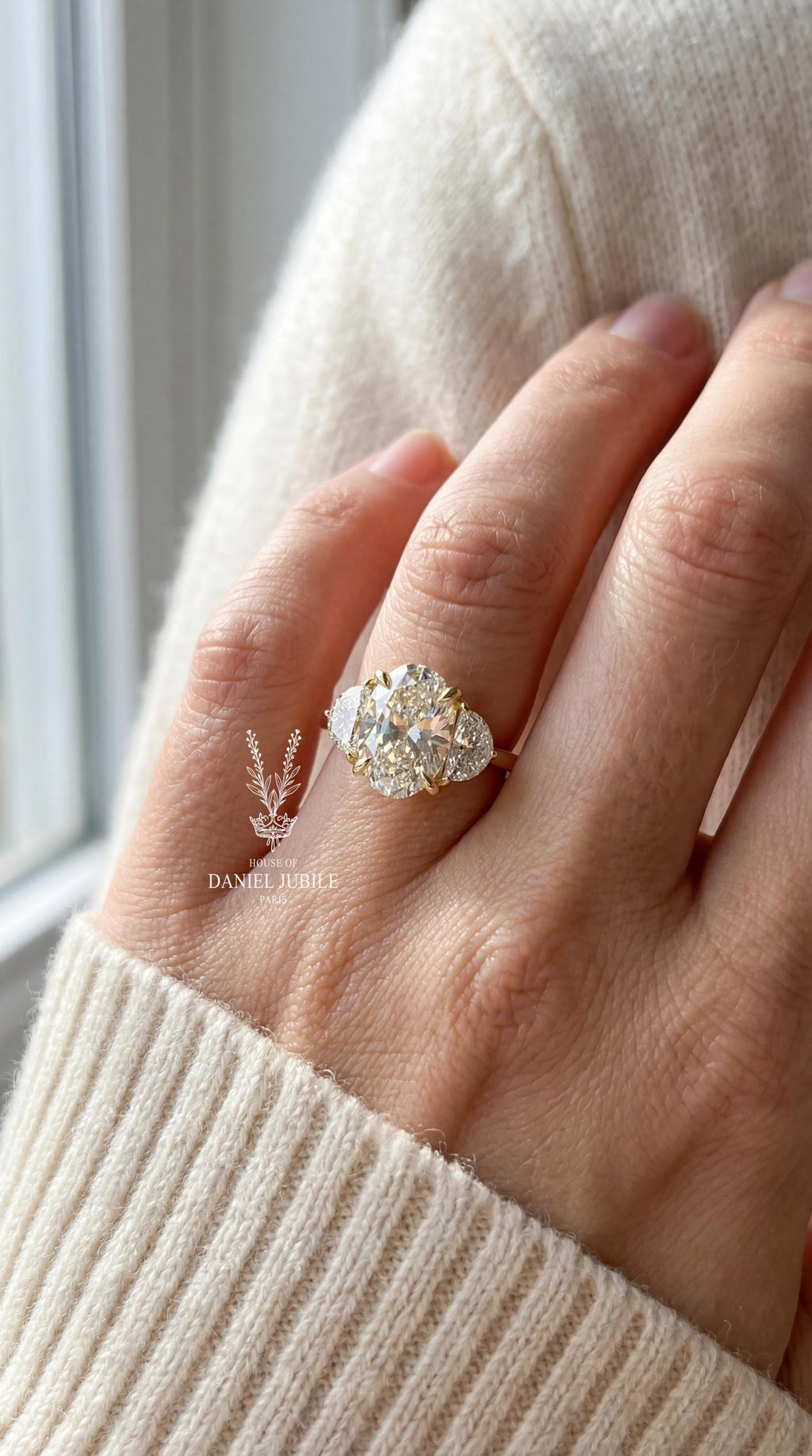 3.80 Carat Oval Lab Grown Diamond Engagement Ring, Half Moon Side Stones, 14k White Gold
