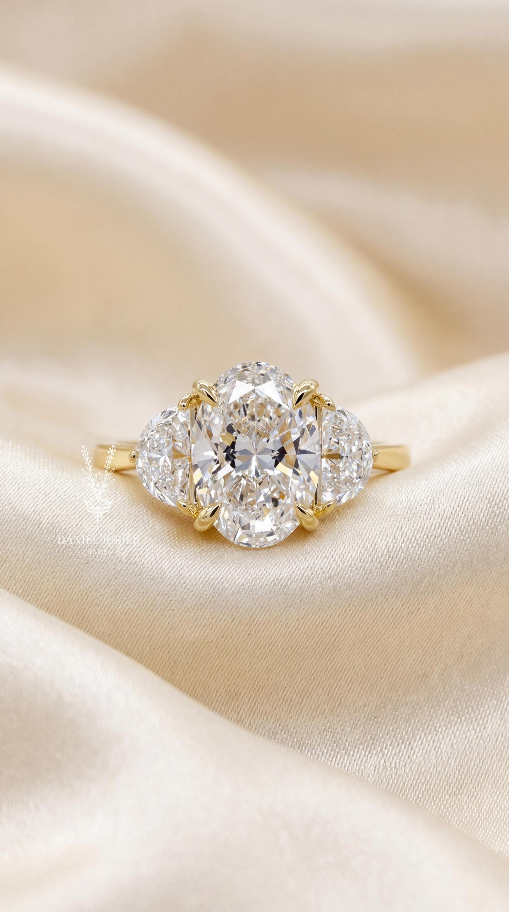 3.80 Carat Oval Lab Grown Diamond Engagement Ring, Half Moon Side Stones, 14k White Gold