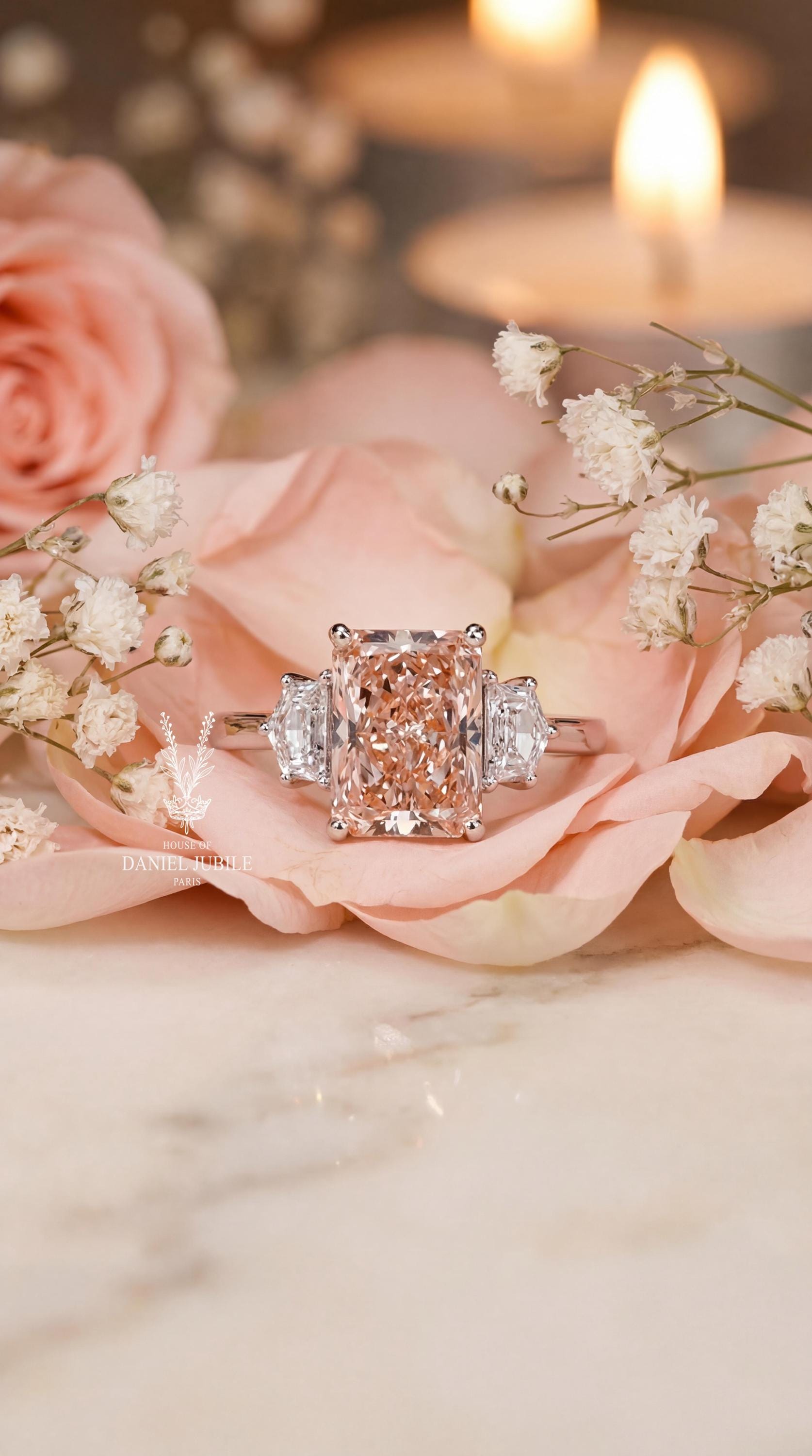 3.80 Carat Pink Radiant Cut Lab Engagement Diamond Ring, 14k White Gold Trilogy