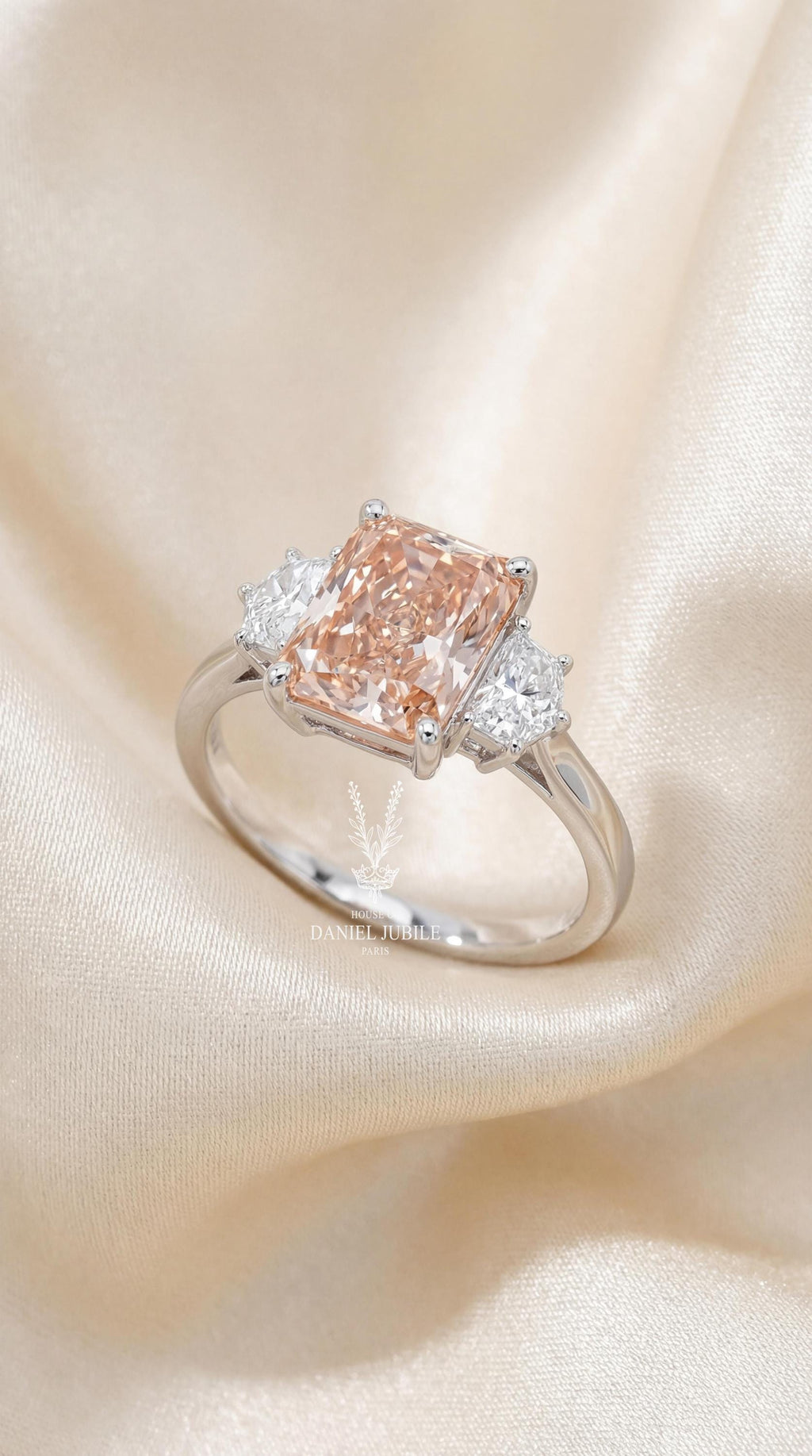 3.80 Carat Pink Radiant Cut Lab Engagement Diamond Ring, 14k White Gold Trilogy