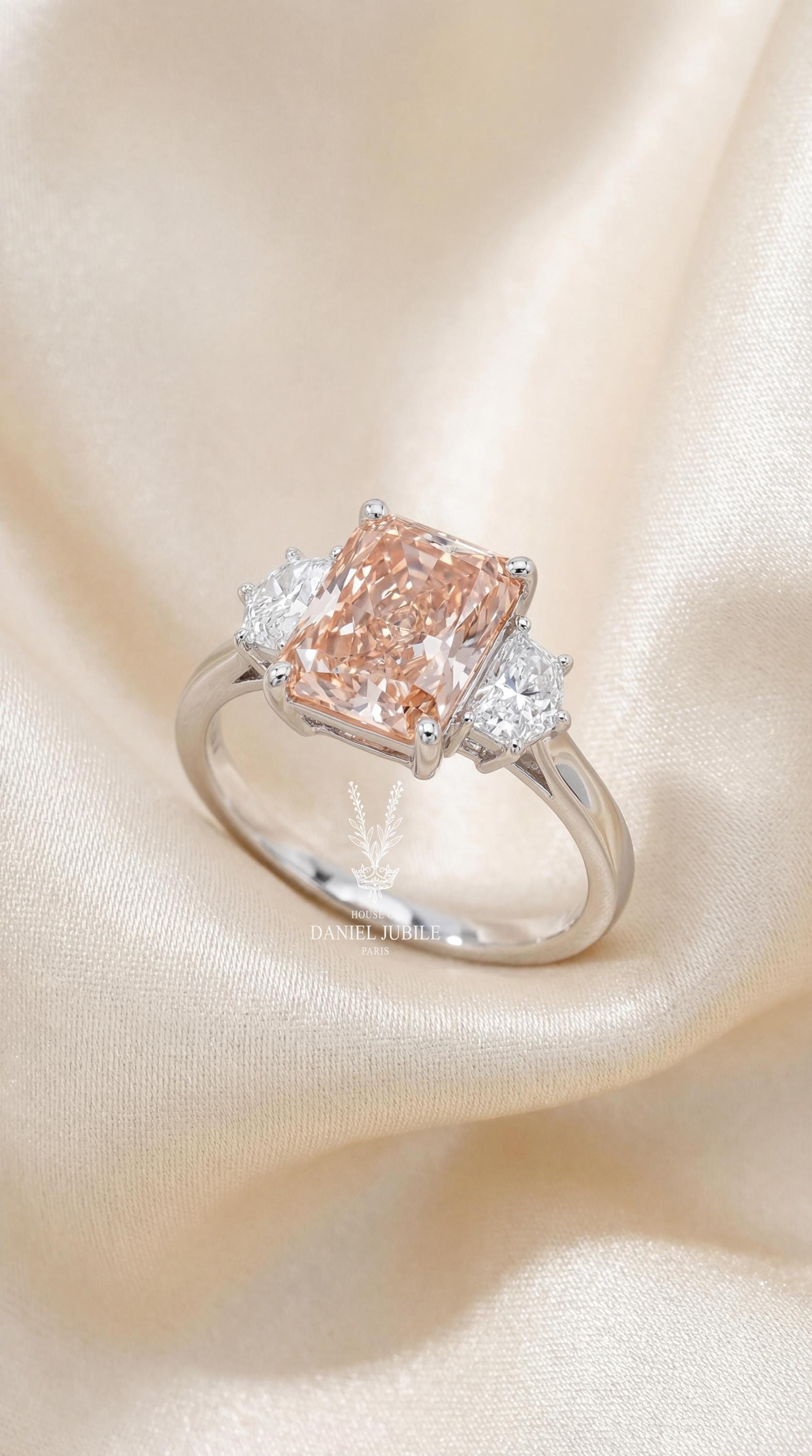 3.80 Carat Pink Radiant Cut Lab Engagement Diamond Ring, 14k White Gold Trilogy