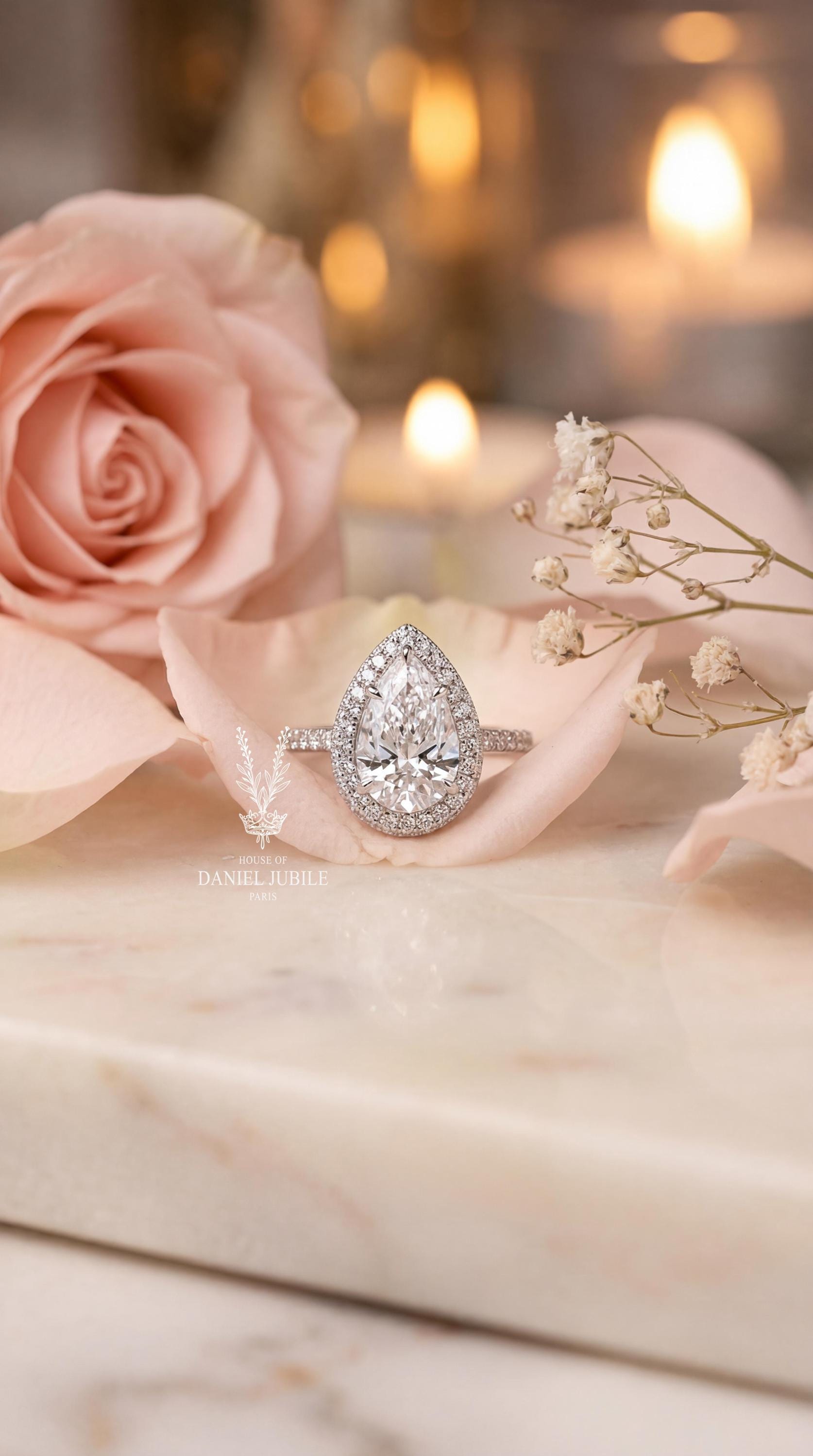 3.55ctw Pear Cut Lab Grown Diamond Engagement Ring, 14k White Gold Hidden Halo