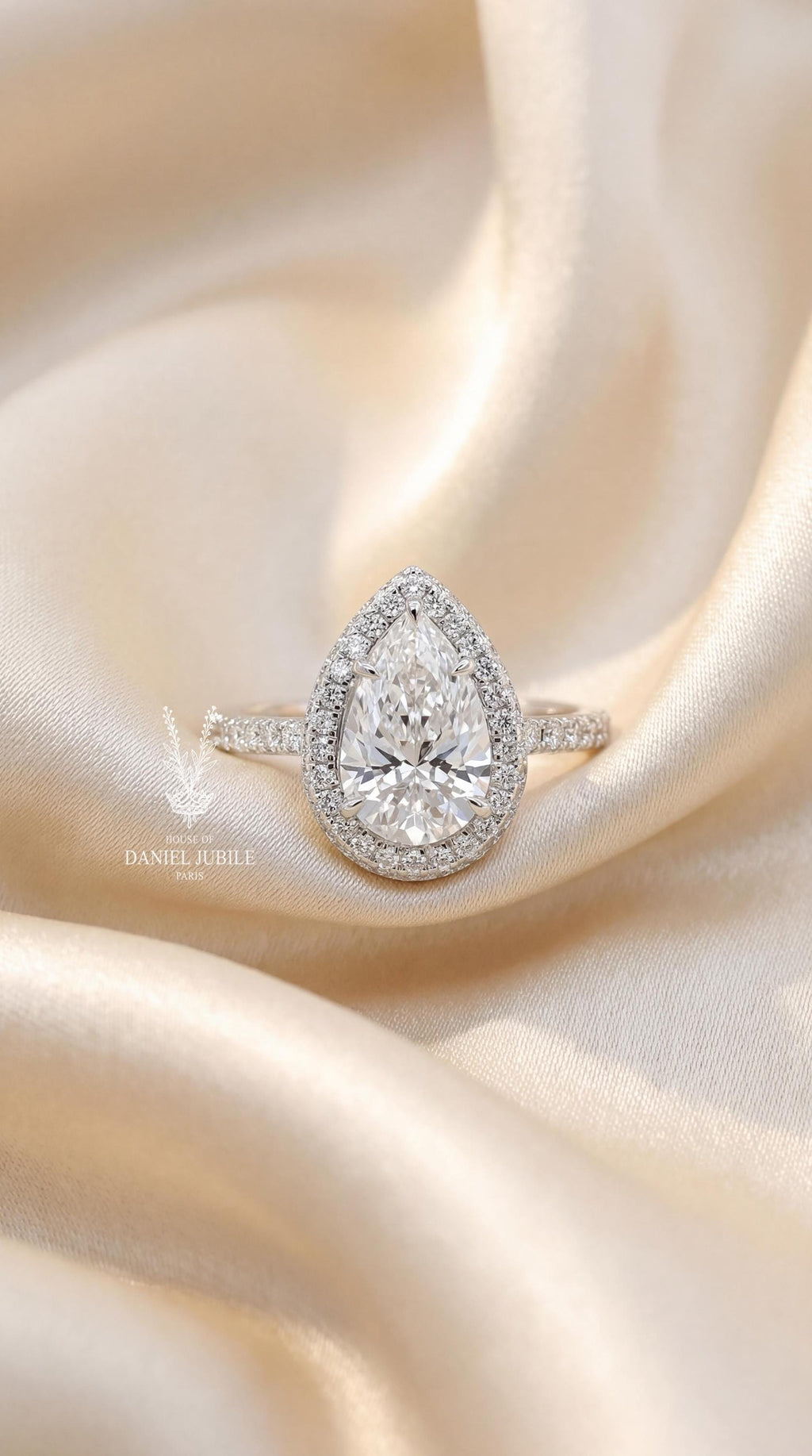 3.55ctw Pear Cut Lab Grown Diamond Engagement Ring, 14k White Gold Hidden Halo