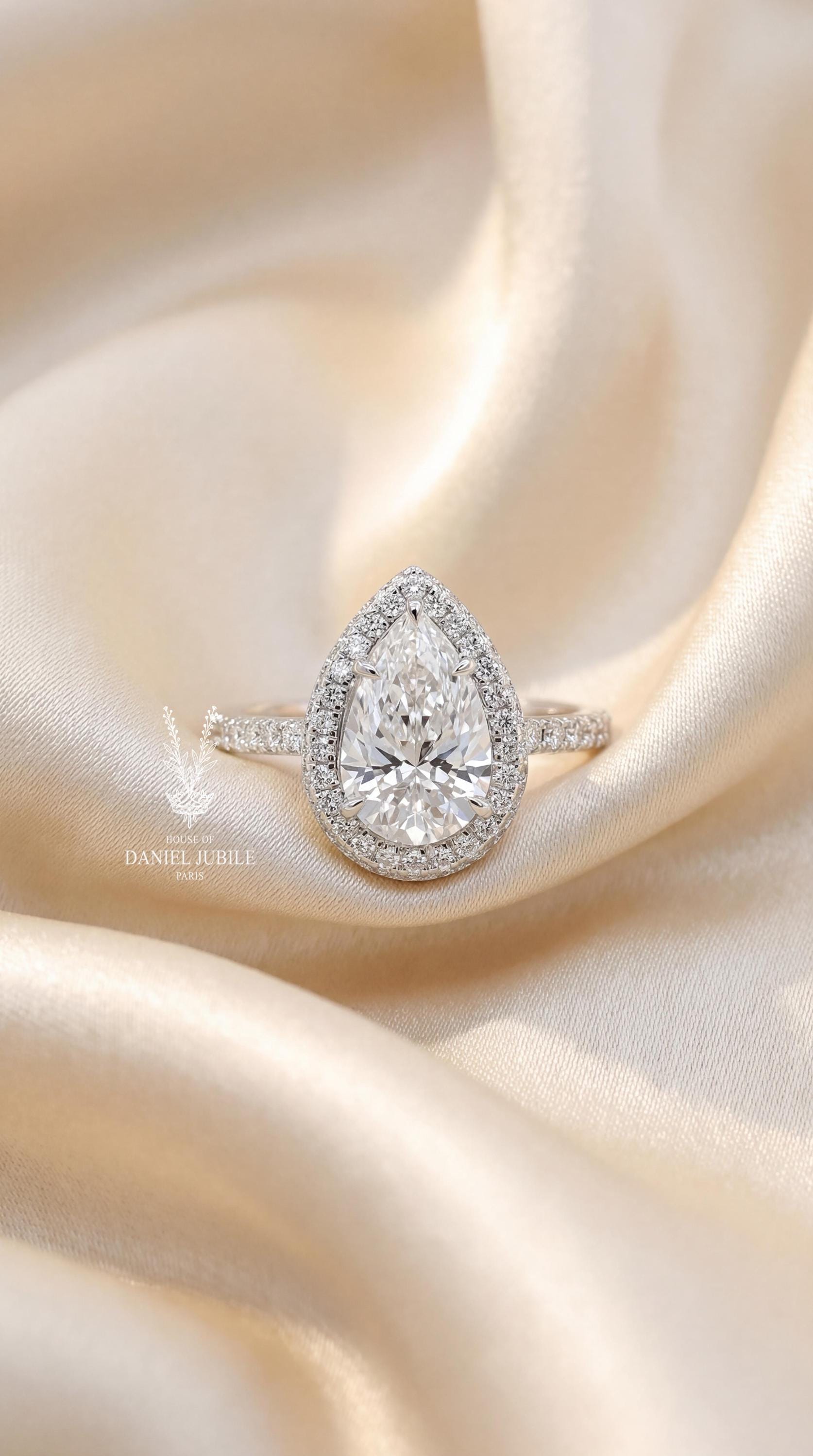 3.55ctw Pear Cut Lab Grown Diamond Engagement Ring, 14k White Gold Hidden Halo