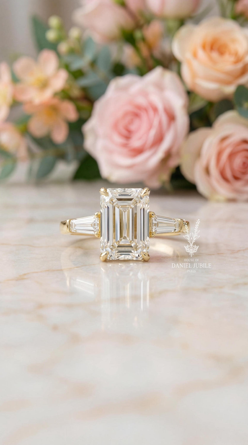 3.35 Carat Emerald Cut Lab Grown Engagement Diamond Ring, 14k White Gold Trilogy