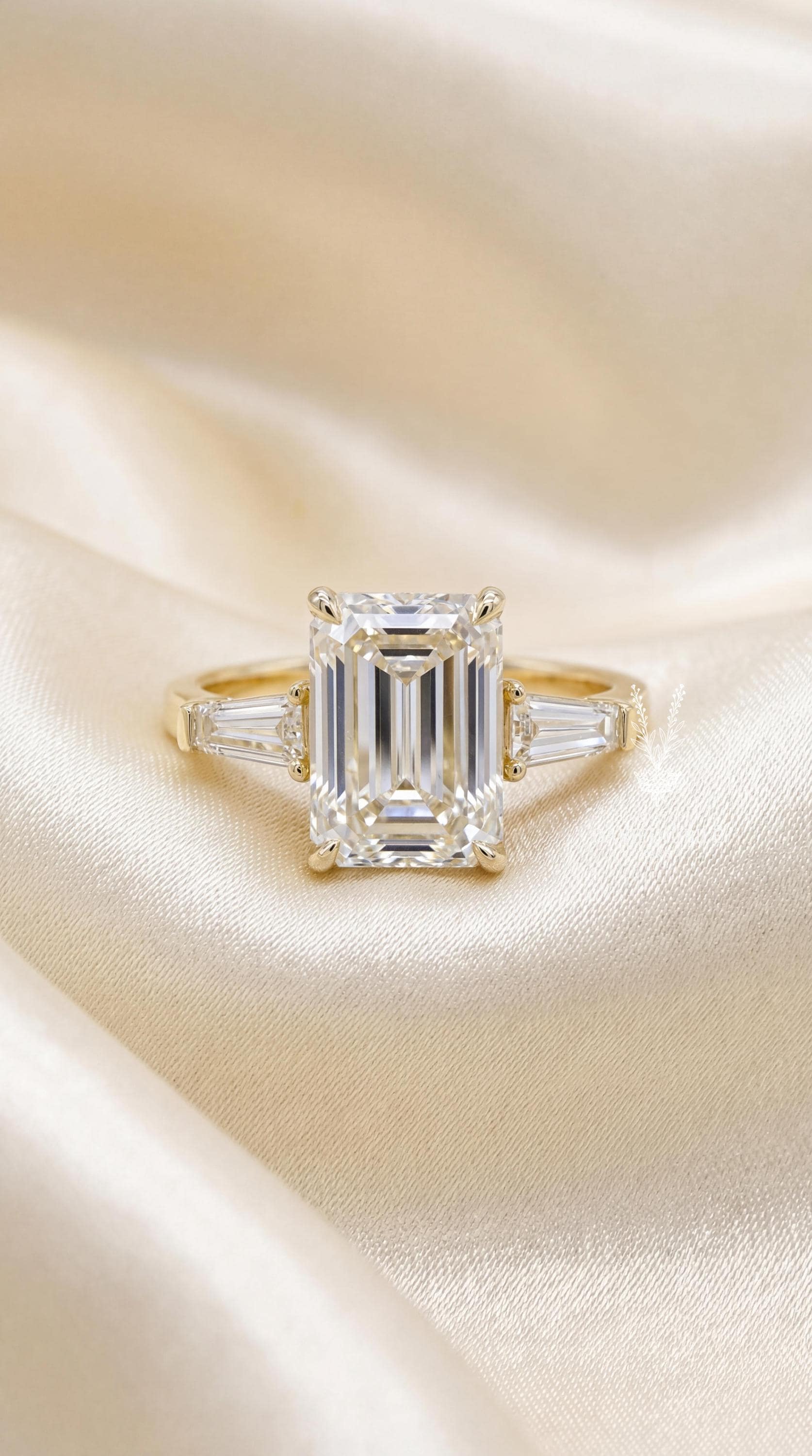 3.35 Carat Emerald Cut Lab Grown Engagement Diamond Ring, 14k White Gold Trilogy