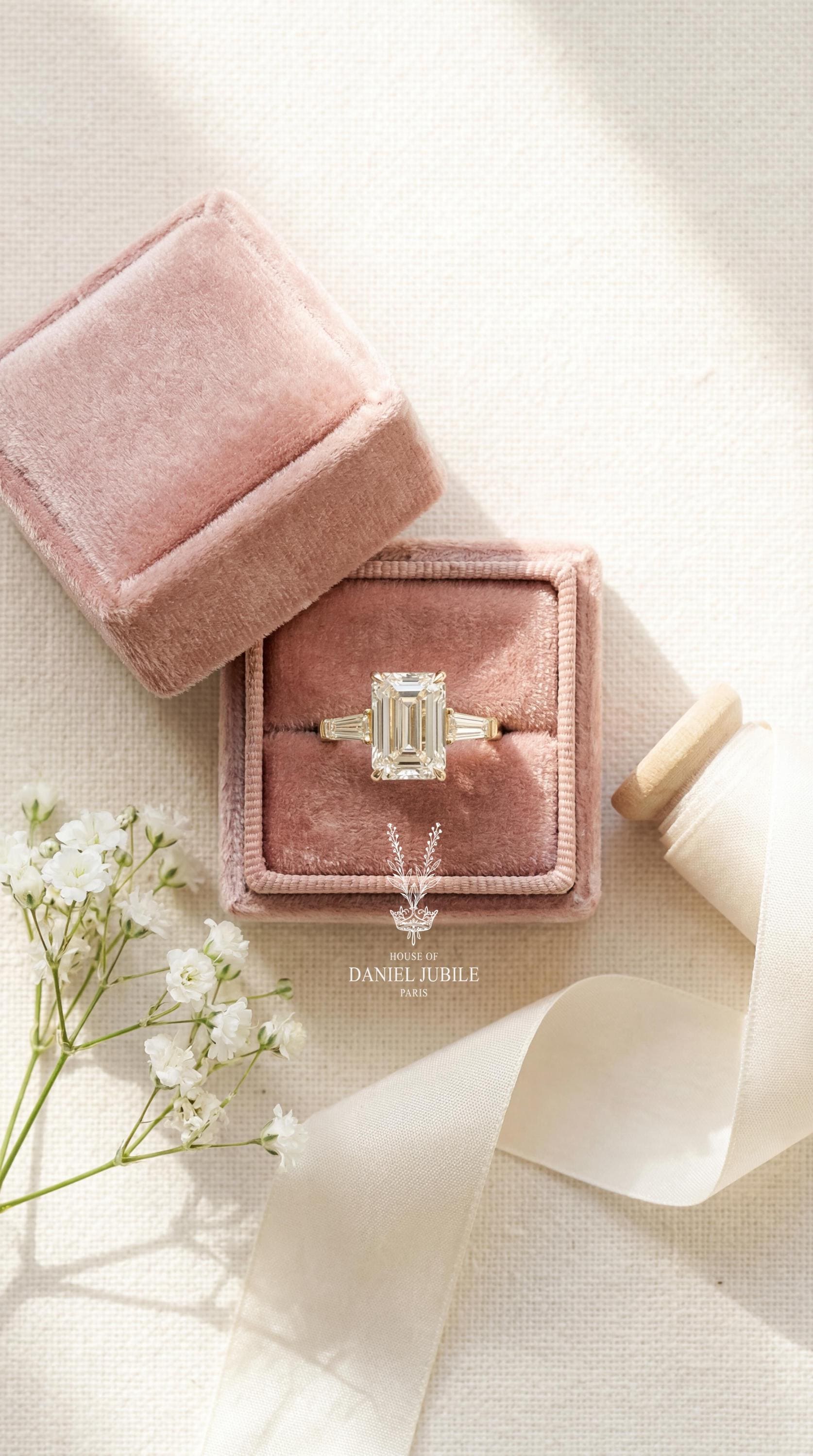 3.35 Carat Emerald Cut Lab Grown Engagement Diamond Ring, 14k White Gold Trilogy