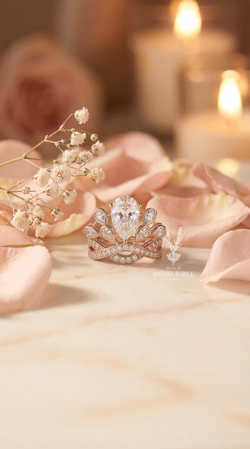 5ctw Pear Cut Lab Diamond Engagement Ring: 14k Rose Gold Tiara Halo