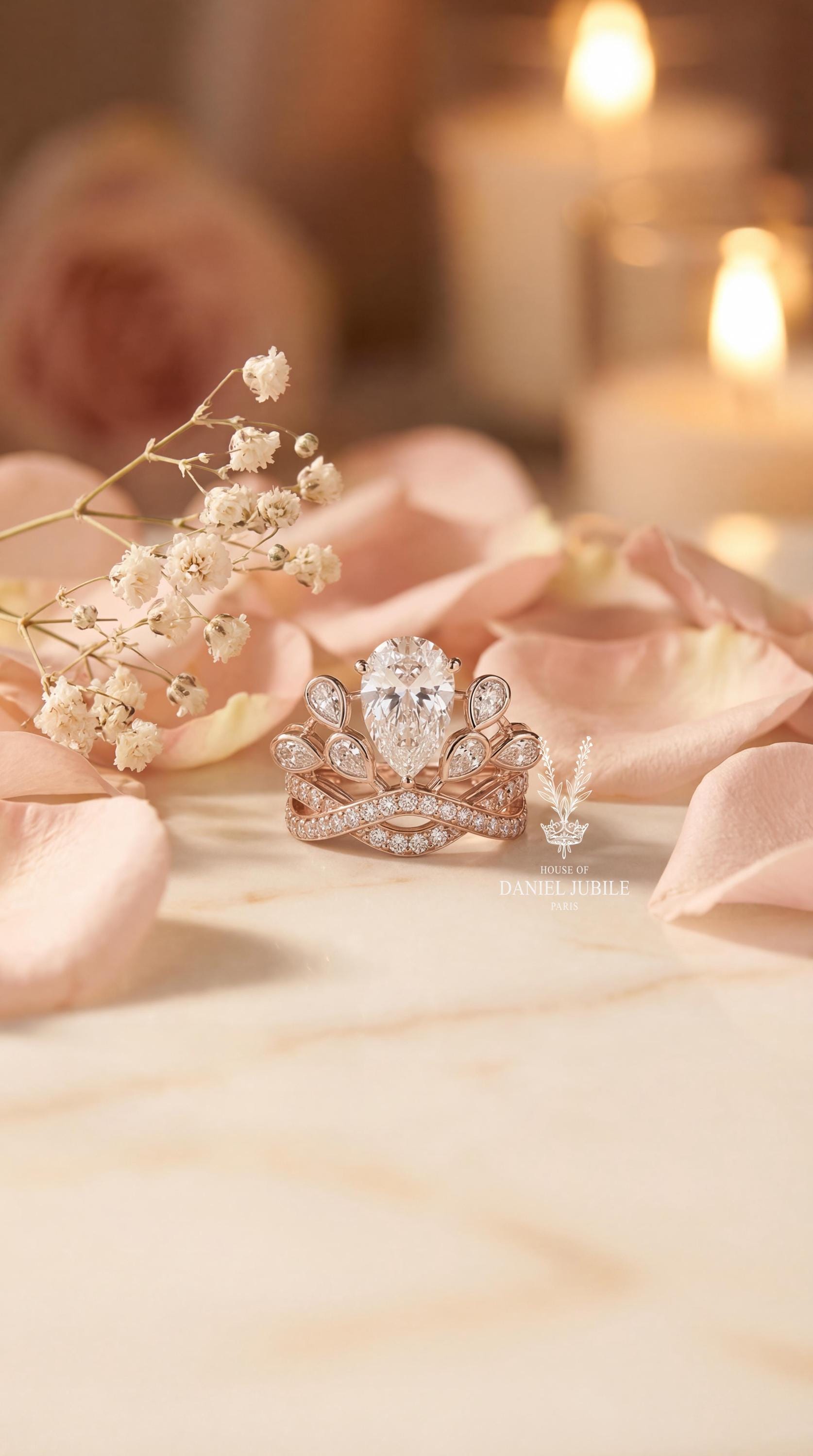 5ctw Pear Cut Lab Diamond Engagement Ring: 14k Rose Gold Tiara Halo