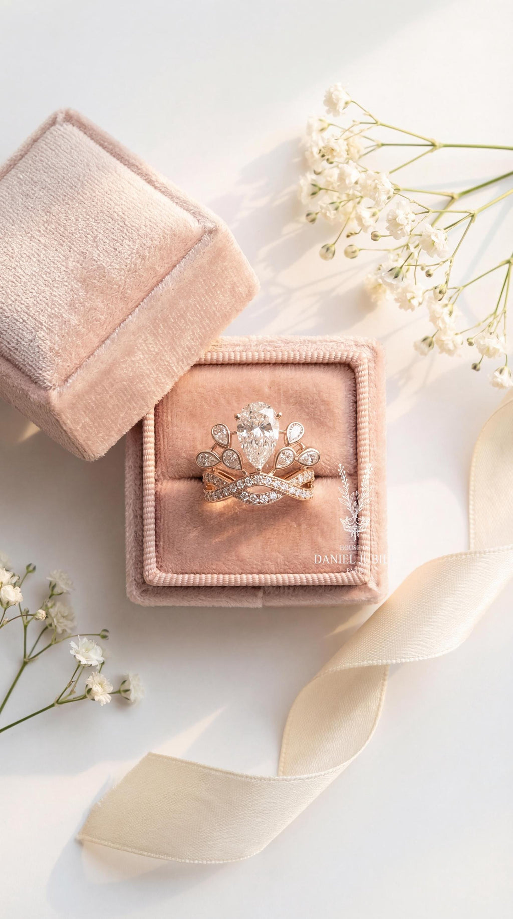 5ctw Pear Cut Lab Diamond Engagement Ring: 14k Rose Gold Tiara Halo