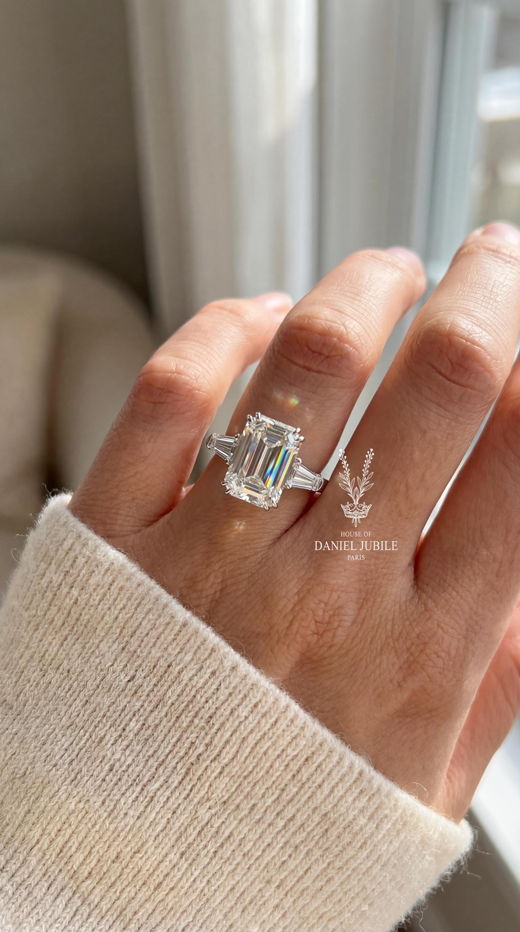 4.40Carat Radiant Cut Lab Engagement Diamond Ring, 14k White Gold Art Deco Bridal Set
