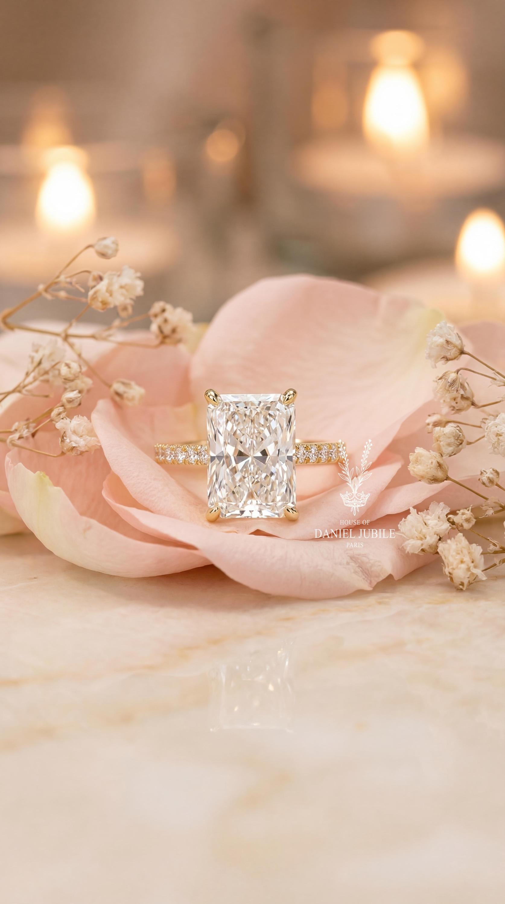 5Carat Radiant Cut Lab Grown Diamond Engagement Ring, 14k Gold Hidden Halo