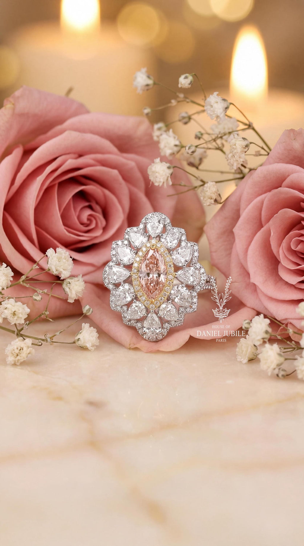 Pink Marquise Engagement Diamond Ring: 14k Gold Sunburst Halo, Art Deco