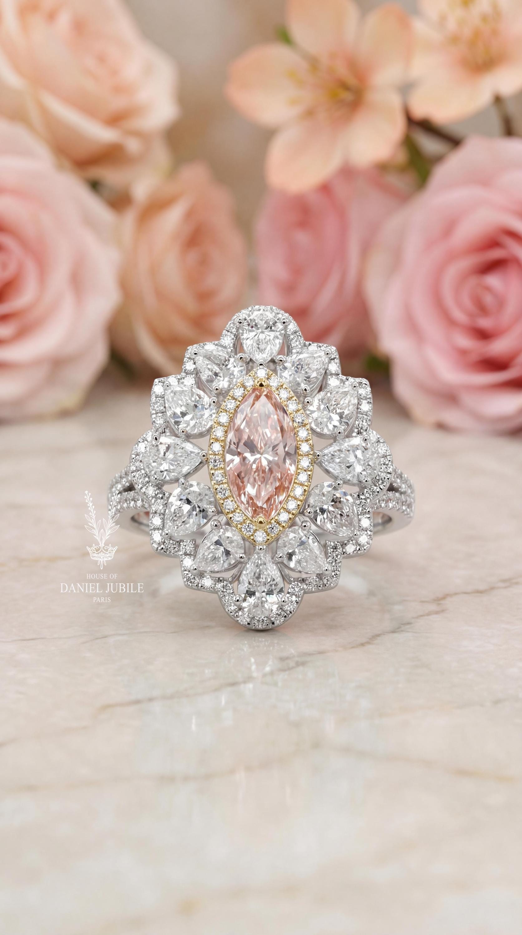Pink Marquise Engagement Diamond Ring: 14k Gold Sunburst Halo, Art Deco