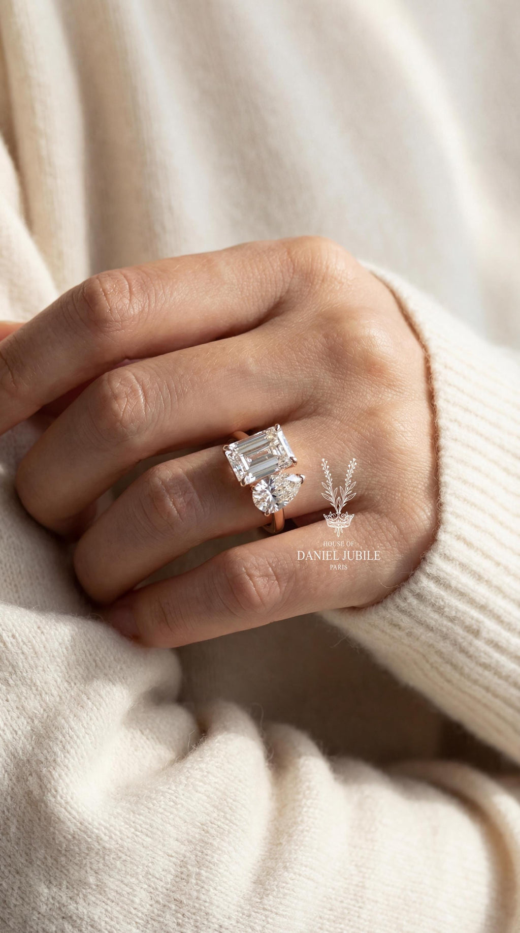4ctw Lab Grown Diamond Toi et Moi Ring, 14k Gold Pear & Radiant Cut