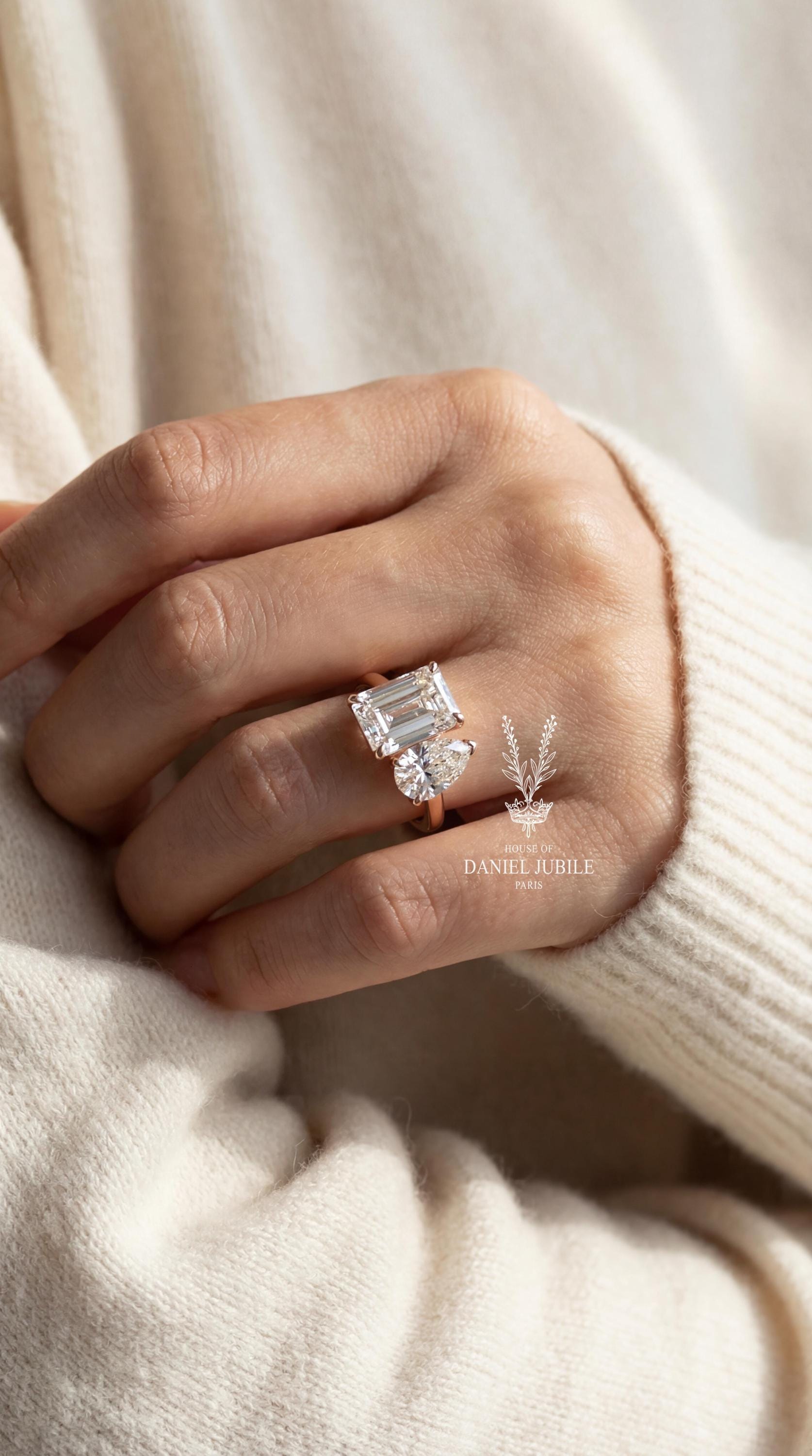 4ctw Lab Grown Diamond Toi et Moi Ring, 14k Gold Pear & Radiant Cut