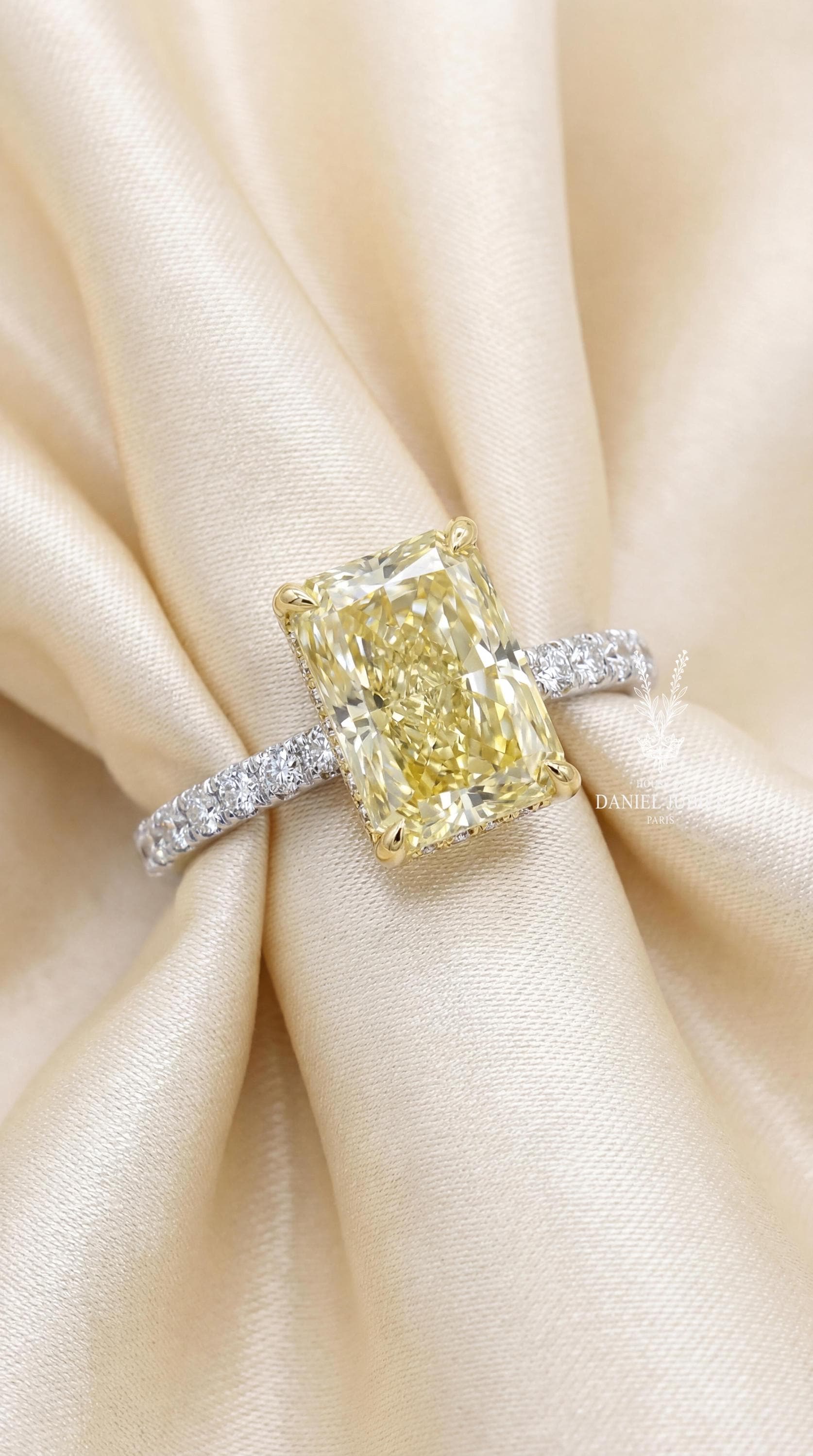 4Carat Canary Yellow Engagement Diamond Ring, Radiant Cut, Hidden Halo, Two-Tone Gold