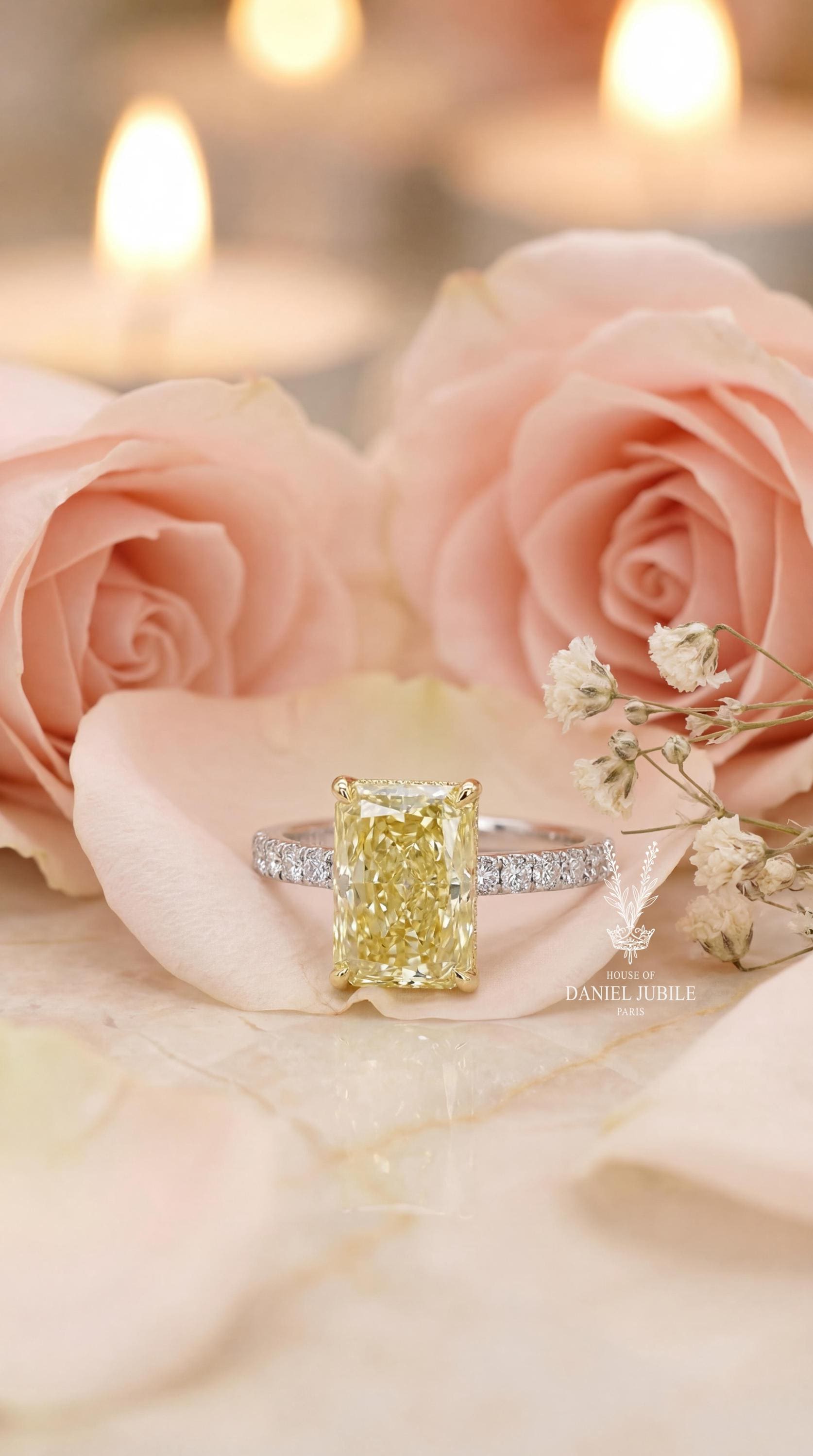 4Carat Canary Yellow Engagement Diamond Ring, Radiant Cut, Hidden Halo, Two-Tone Gold