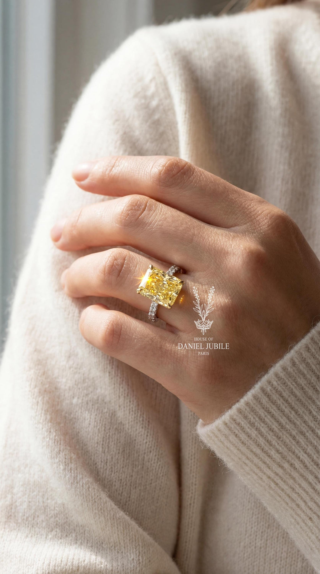 4Carat Canary Yellow Engagement Diamond Ring, Radiant Cut, Hidden Halo, Two-Tone Gold
