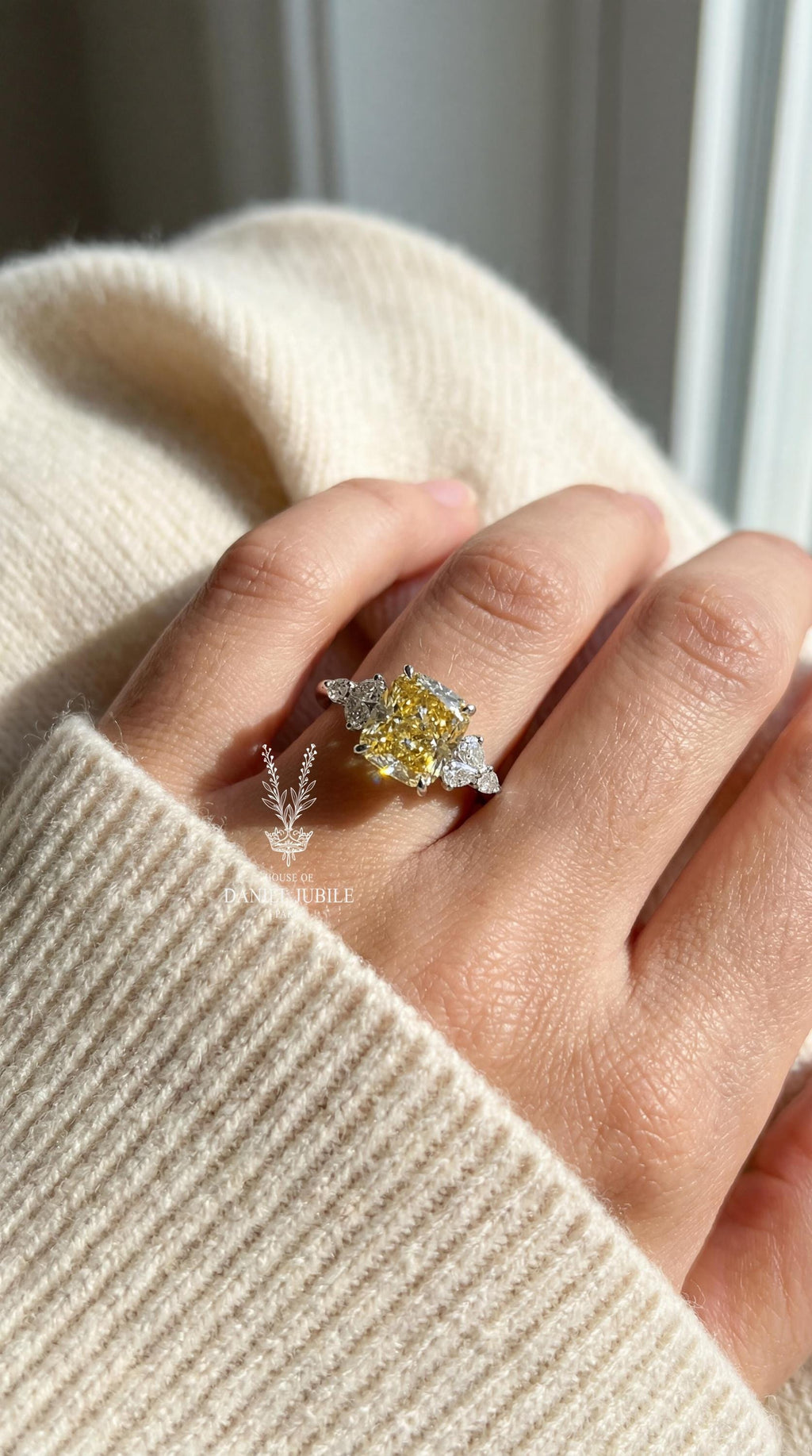 2.60ctw Lab Grown Yellow Diamond Engagement Ring, 14k Gold Pear Side Stones