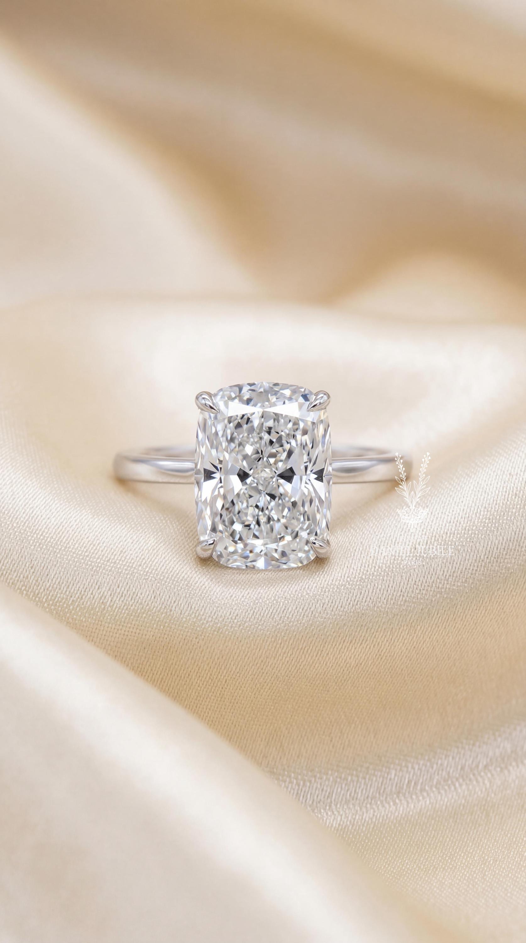6Carat Elongated Cushion Cut Lab Diamond Engagement Ring, 14k Gold Solitaire